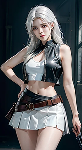 Photorealistic, k hd,high resolution, 1womanl, Solo, Hips up, short skirt,Bare chest,view the viewer, (Detailed face), White hair, SWAT vests, Gun, jewelry