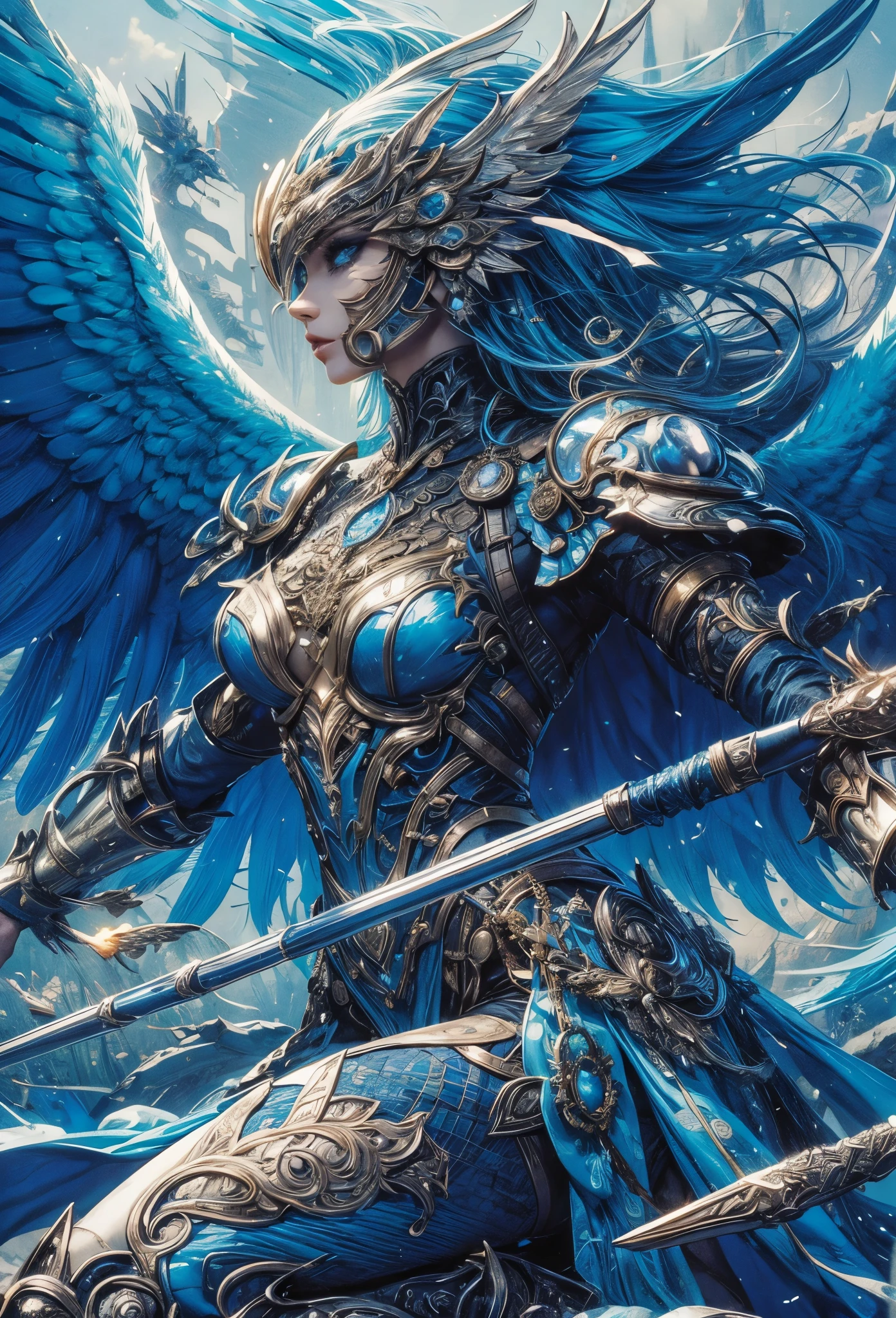 (Detailed illustrations,Very detailed and detailed drawing,Delicate lines with slow and rapid,Realistic texture expression),[Color tressed main line],(Fantasy World Battlefield Background [Burning castle]),(GIRL ROBOT (blue wild eagle [(Mask of God) [[METALFACE]]]) (SKINNY)) [WEAPON MACHINE [battle shaman]],[Beautifully decorated arms and legs [(Graceful figure)feather dress]],eagle pattern,[use a spear as a weapon],[[Mobile Weapon Gigant Size][Science Fiction Mechanical]],(Intricate and beautiful decoration [Dense detail]),[Transparency],(Precisely drawn face)[完璧な目のdetaileds(Iris beautifully drawn in every detail)[Jewel-like eyes]],[long and beautiful eyelashes],[Meticulously drawn hair [美しく艷やかな髪のdetaileds]],(完璧な手のdetaileds [Beautiful fingers without breakdowns [Beautiful nails]]),(Perfect Anatomy(Perfectly proportioned))[[Full body like]],[Ideal color coordination(Accurate simulation of light-material interactions)],([Precision Detail](detaileds,high-detail)),[Visual art that conveys a sense of narrative].