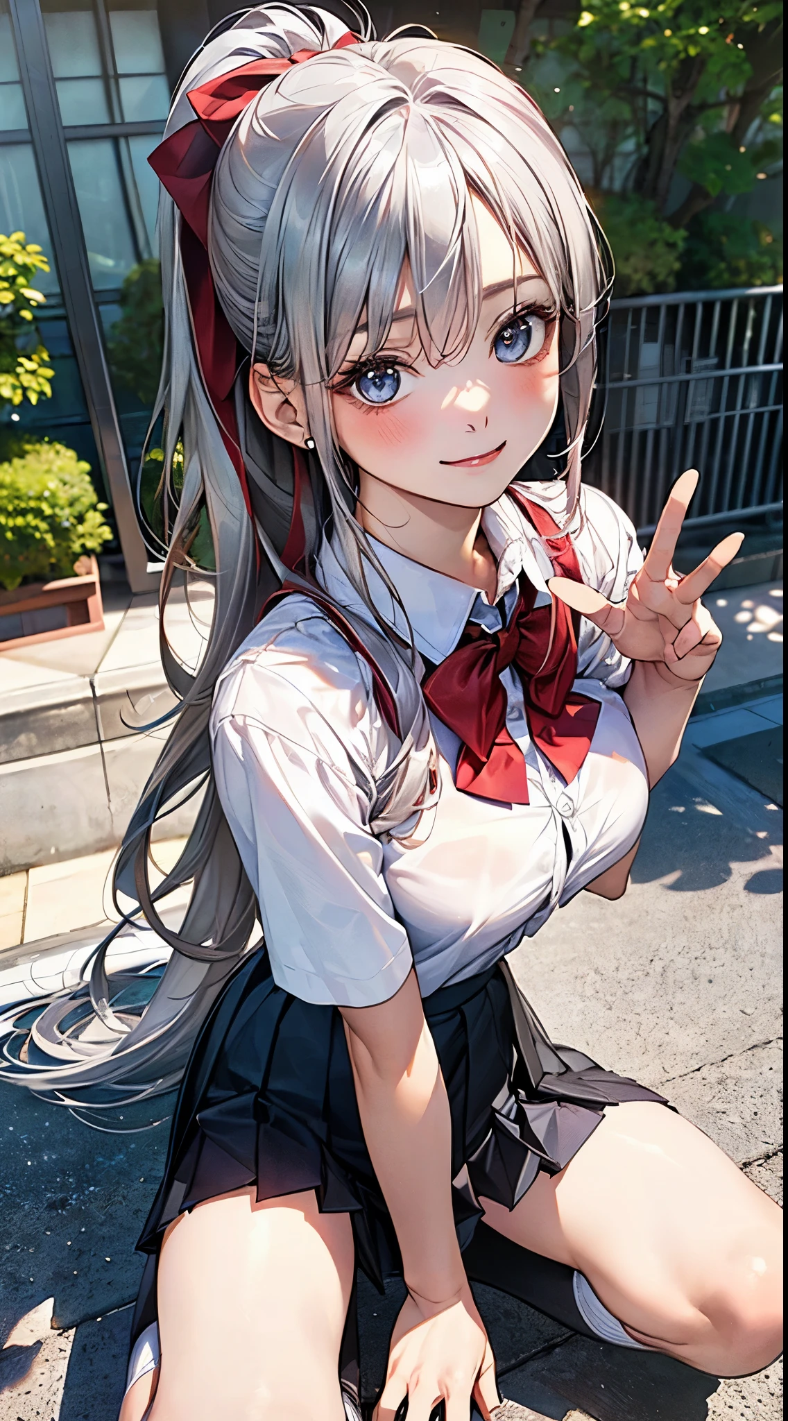 (masterpiece:1.2, top-quality), (realistic, photorealistic:1.4), beautiful illustration, looking at viewer, full body, front view:0.6,
1 girl, japanese, high school girl, (long hair:1.5, ponytail:1.5), ((silver hair)), bangs, hair between eye, blue eyes, large breasts:0.8,
beautiful hair, beautiful face, beautiful detailed eyes, beautiful clavicle, beautiful body, beautiful breasts, beautiful thighs, beautiful legs, break,
((collared shirt, white shirt, pleated skirt, red bow tie, red hair ribbon), socks, brown loafers), white panties,
(beautiful scenery), school, (standing, spread legs, waving), lovely smile,