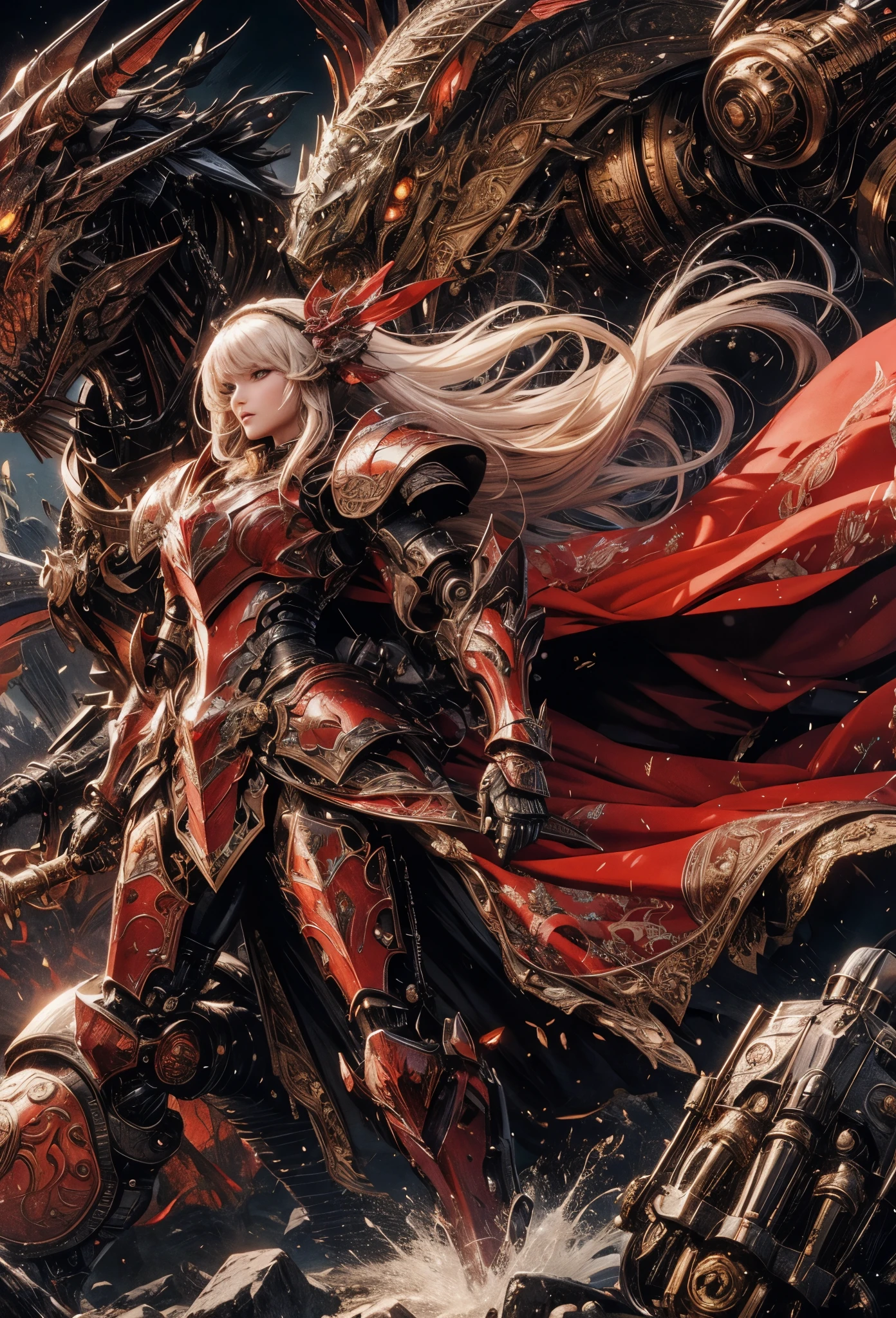(Detailed illustrations,Very detailed and detailed drawing,Delicate lines with slow and rapid,Realistic texture expression),[Color tressed main line],(Fantasy World Battlefield Background [Burning castle]),((ROBOT GIRL) (red knight [[corinthian helmet]streamline][well-muscled])[WEAPON MACHINE[Princess Knight][[METALFACE]]]),[red dragon armor[scale]][[luxurious embroidered cloak]],[red dragon pattern],[use a sword as a weapon],[[Mobile Weapon Gigant Size][Science Fiction Mechanical]],((gorgeous shiny armor)),(Intricate and beautiful decoration [Dense detail]),[Transparency],(Precisely drawn face)[完璧な目のdetaileds(Iris beautifully drawn in every detail)[Jewel-like eyes]],[long and beautiful eyelashes],[Meticulously drawn hair [美しく艷やかな髪のdetaileds]],(完璧な手のdetaileds [Beautiful fingers without breakdowns [Beautiful nails]]),(Perfect Anatomy(Perfectly proportioned))[[Full body like]],[Ideal color coordination(Accurate simulation of light-material interactions)],([Precision Detail](detaileds,high-detail)),[Visual art that conveys a sense of narrative].