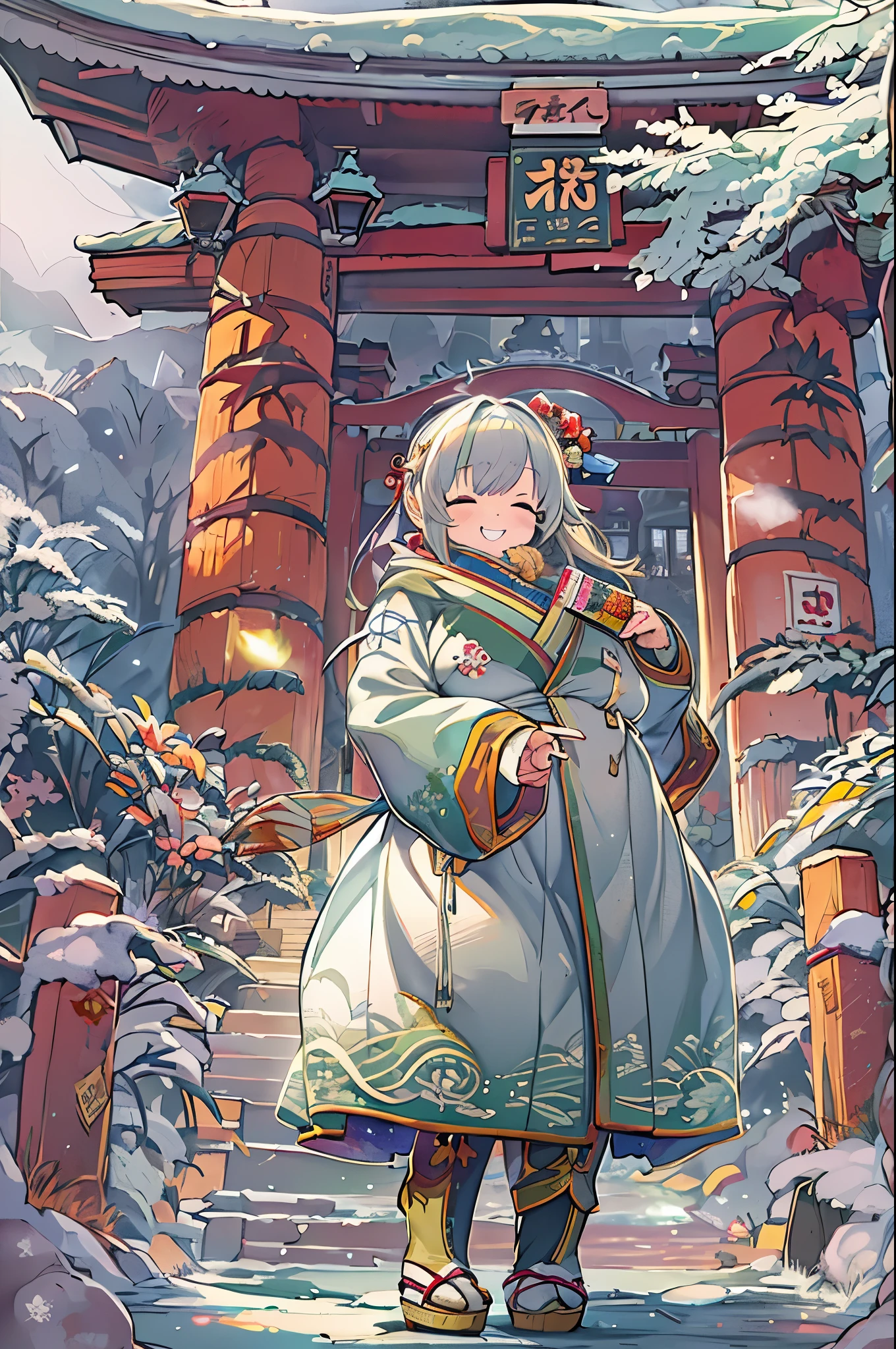 huge-breasted、kawaii、(Sunny Clothes)、torii gate,((Oblique angle))、{{close up to face}}、one eye closed、winking、A big smile、bbw、thick thight、big butts、Ultramammy,Chibi, Winter days, Anime Background Art, japanese art style, beautiful anime scene,detailed scenery - width 672, Background art, Anime landscapes, Anime Background, Beautiful anime scenery, Beautiful peace scenes in anime, landscape artwork, Japan Village, Anime landscapesコンセプトアート, 8K))、New Year’s Day