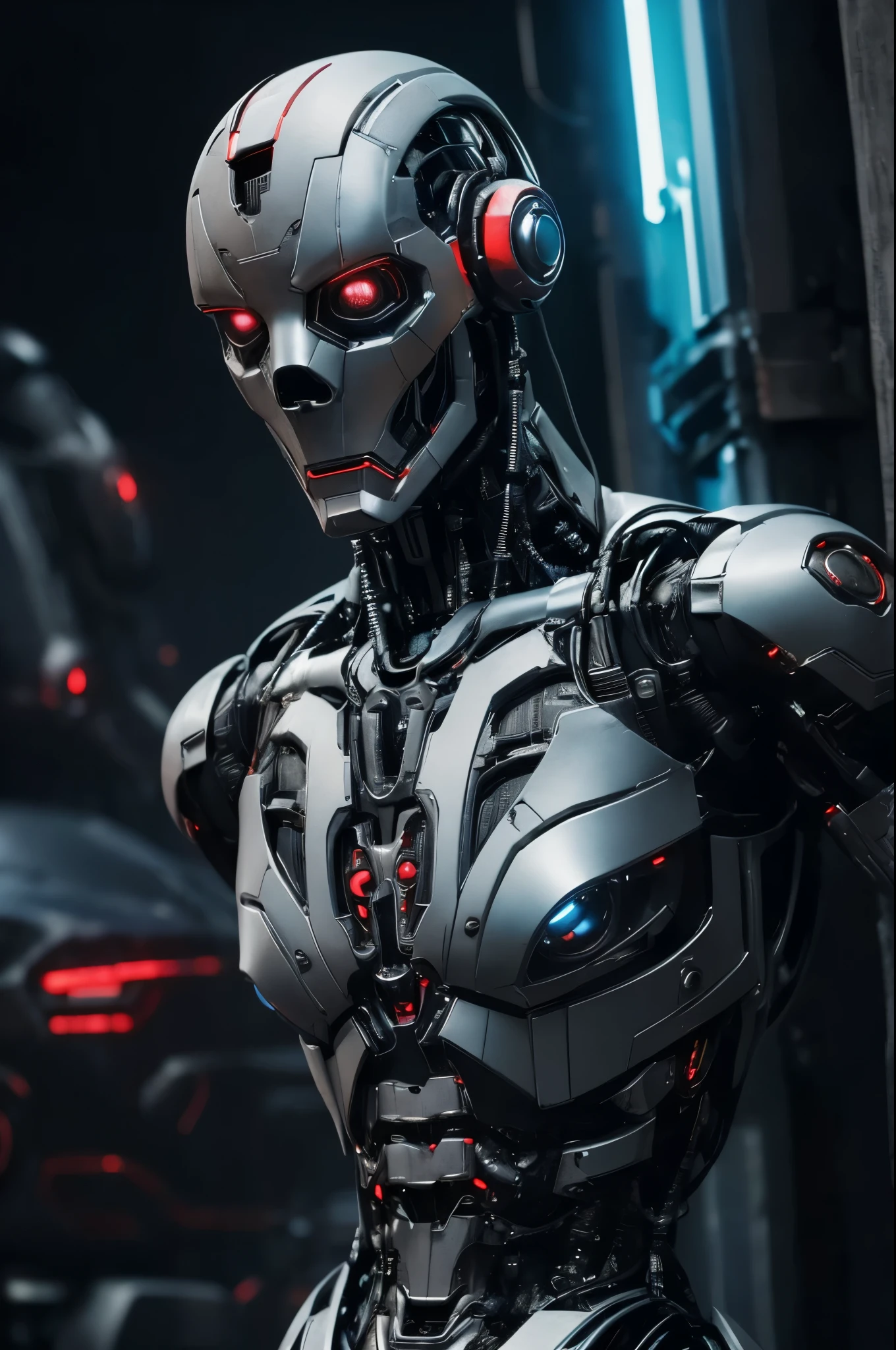 (half-body photo:1.1) (The is very detailed:1.2),(Best quality at best:1.figura,Marvel&#39;s Ultron,Biomechanicals,complex robot,Grow to the fullest,Hyper-realistic,(Scientific and technological background :1.2),Crazy little details,Very clean lines,cyber punk perssonage aesthetic,A masterpiece on Zbrush Central,Gothic brutalist cathedral,cyber punk perssonage,an award winning photograph,bokeh,(neonlight:0.8),(cybernetic limb:0.7),