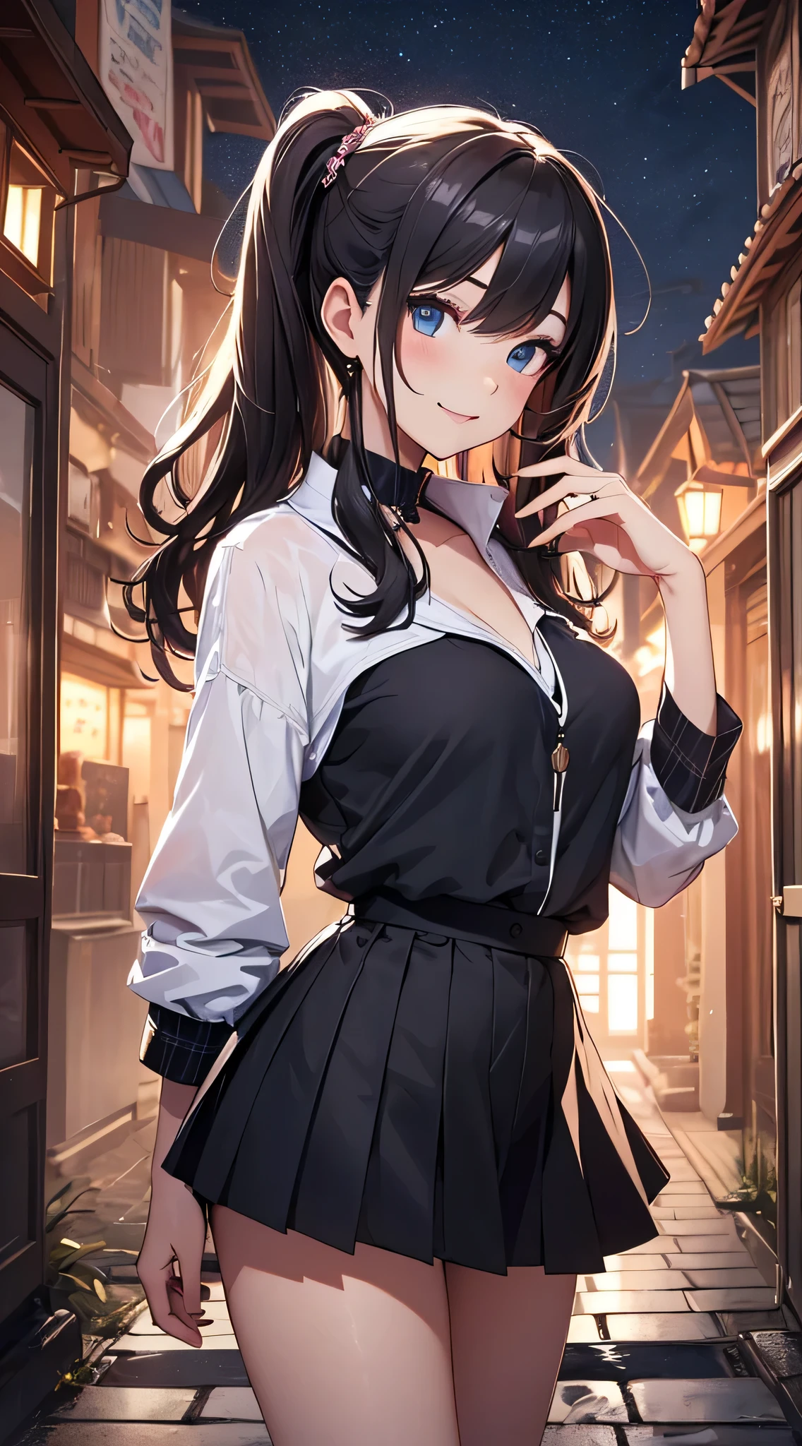 top-quality、Top image quality、​masterpiece、teens girl((18year old、 Ager、Best Bust、Medium bust,wide open breast tea、light blue eyerest, bionde、poneyTail、A slender,Black see-through、Black shirt、Black skirt、raise both arm、The best smile、Laugh)),hiquality、Beautiful Art、Background with((jpn、Night World、shrines))masutepiece、depth of fields、movie、visualart、Perfect Art