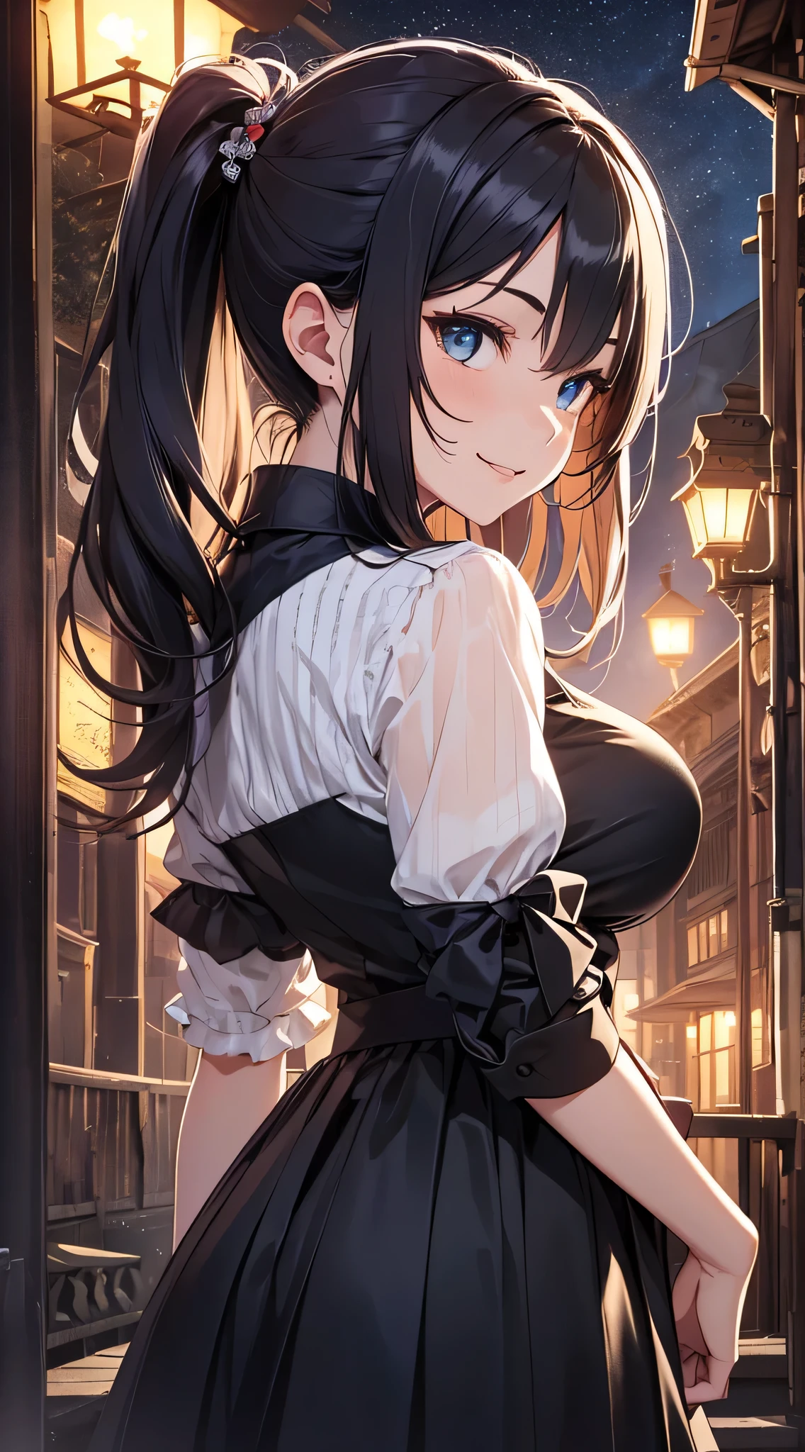 top-quality、Top image quality、masterpiece、s girl((18year old、 Ager、Best Bust、Medium bust,wide open breast tea、light blue eyerest, bionde、poneyTail、A slender,Black see-through、Black shirt、Black skirt、raise both arm、The best smile、Laugh)),hiquality、Beautiful Art、Background with((jpn、Night World、shrines))masutepiece、depth of fields、movie、visualart、Perfect Art