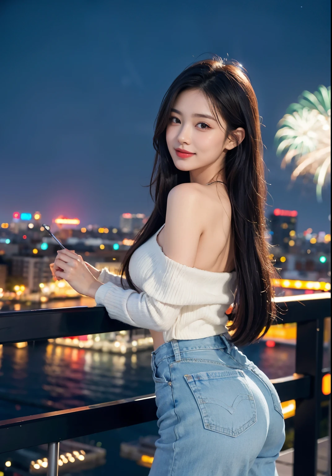 masterpiece), top-quality, 超A high resolution,4k,8k, 1 girl flying over the stunning cityscape ,Neon Color Shooting Star, Very long hair, off shoulders, The Flash, stunning night sky, 电影灯光, Photorealsitic, real looking skin, HDR,Fireworks are going up,Beautiful woman,Turning around,a smile