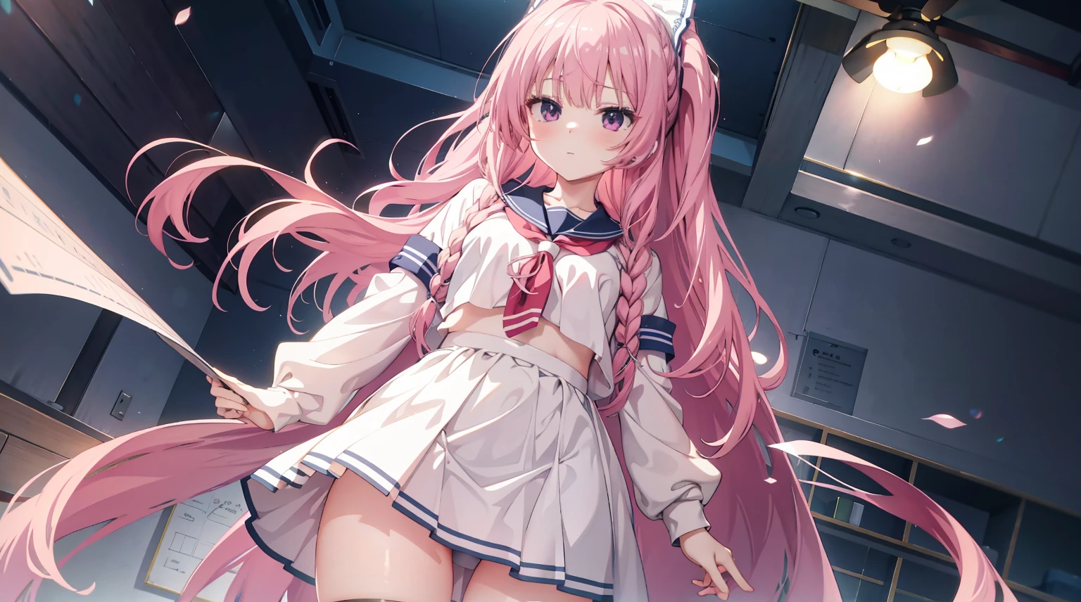 (masterpiece, extremely detailed 8k CG, sharp line), hair straight，High school girl, A pink-haired, cute, serafuku, white underwear and skirt, skirt lift, sexy pose showing panties, thighs, anime style , beautiful anime schoolgirl, mesmerizing anime girl, smooth anime CG art, beautiful anime school girl, beautiful anime girl,White stockings，Mitsukasa Ayase