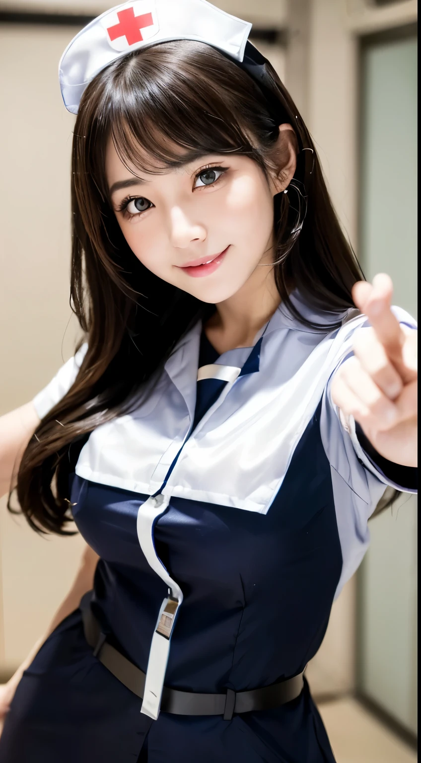 (1人の女性、japanes、22year old、Refreshing、unclear、Gentle、stylish、attractive narrow eyes、wretched、天使のようにcute little、cute little、cute、bbw、Black eyes、idol,女優,Sagging milk）,(large drooping breasts).(very cute)、(A dark-haired),mesmerizing eyes、(in 8K、Raw photography、top-quality、​masterpiece:1.2、optimal lighting)、masterpiece,(Photos taken by professional photographers),(realisitic、フォトrealisitic:1.37),break,(nurse cosplay),( A nurse's uniform with a shiny and shiny texture),(nurse costume),paw pose,dynamic angle,Happy smile