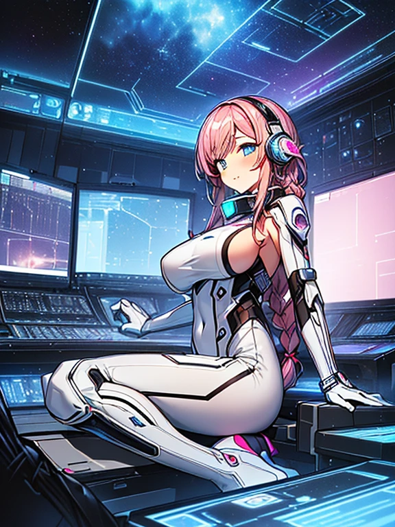 ​masterpiece:1.4, 1girl in ((20yr old, Wearing a tight, futuristic metallic white bodysuit,long boots, huge-breasted, A pink-haired, long,Braided hair,marguerite&#39;Hairstyles, Perfect model body, Blue eyes:1.4, Wearing headphones, Flirting, Happy,  Looking out the window of the futuristic sci-fi space station、While admiring the beautiful galaxy:1.2, SFSF control room on night background:1.1, Neon and energetic atmosphere:1.2)) ((Galaxy)) ((Solo:1.6))