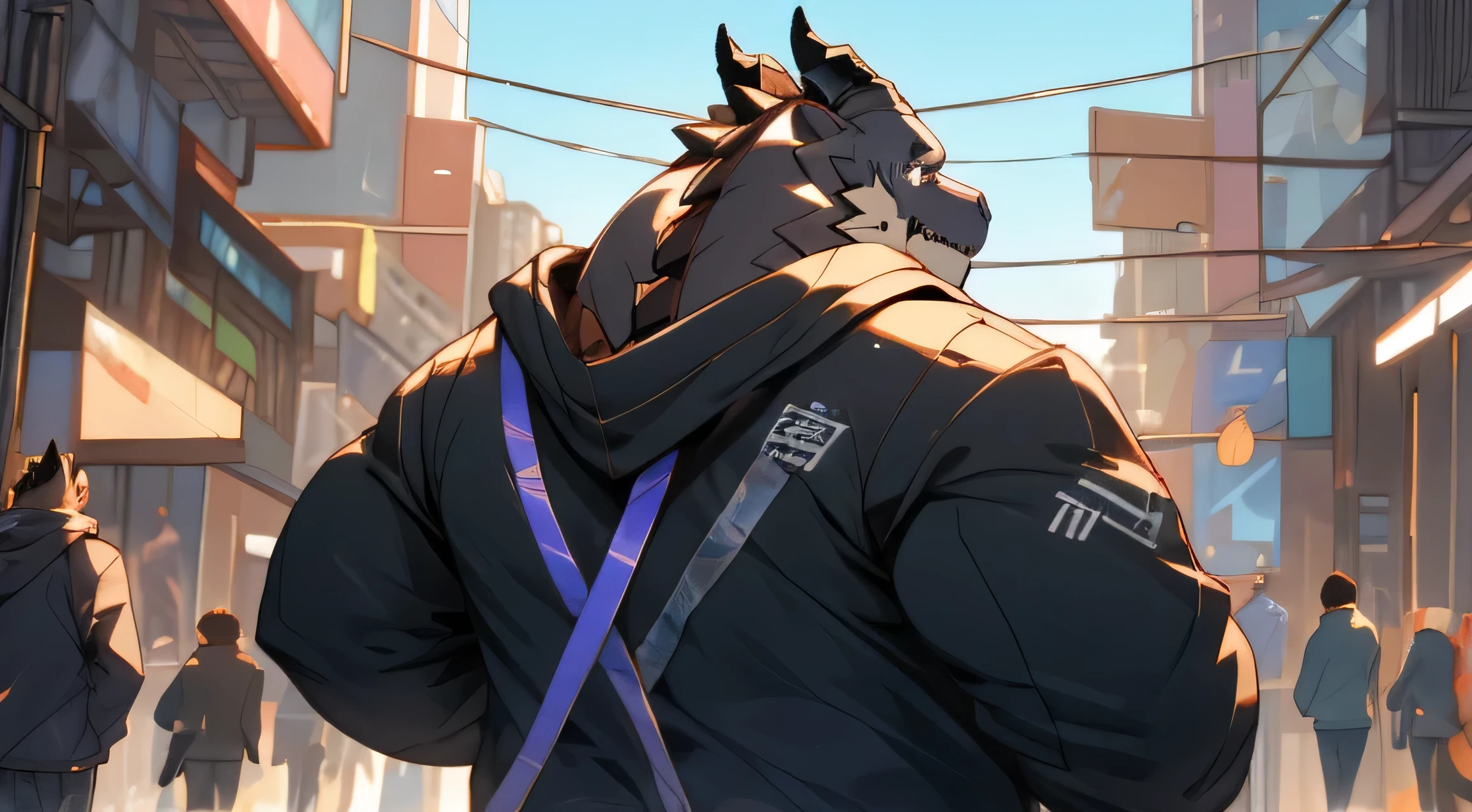 Herbivoredragon, solo,male,anthropomorphic, full body view, chubby,  black furr,stylish sweatshirt, Tokyo cyberpunk street, morning , furry artistic, commission for hyper res, pixiv artwork