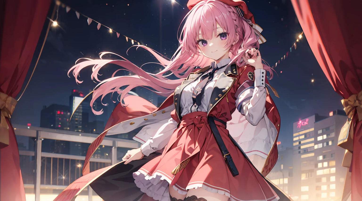 one-girl,byself,gently smiling,red christmas outfit,A pink-haired,The whitsukasa Ayase,White stockings,