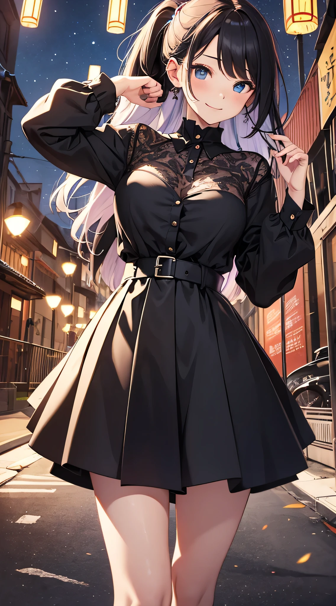 top-quality、Top image quality、masterpiece、teens girl((18year old、 Ager、Best Bust、Medium bust,wide open breast tea、light blue eyerest, bionde、poneyTail、A slender,black see-through rack shirt、Black skirt、Best Pose、The best smile、Laugh)),hiquality、Beautiful Art、Background with((jpn、Night World、shrines、strong wind blowing))masutepiece、depth of fields、movie、visualart、Perfect Art
