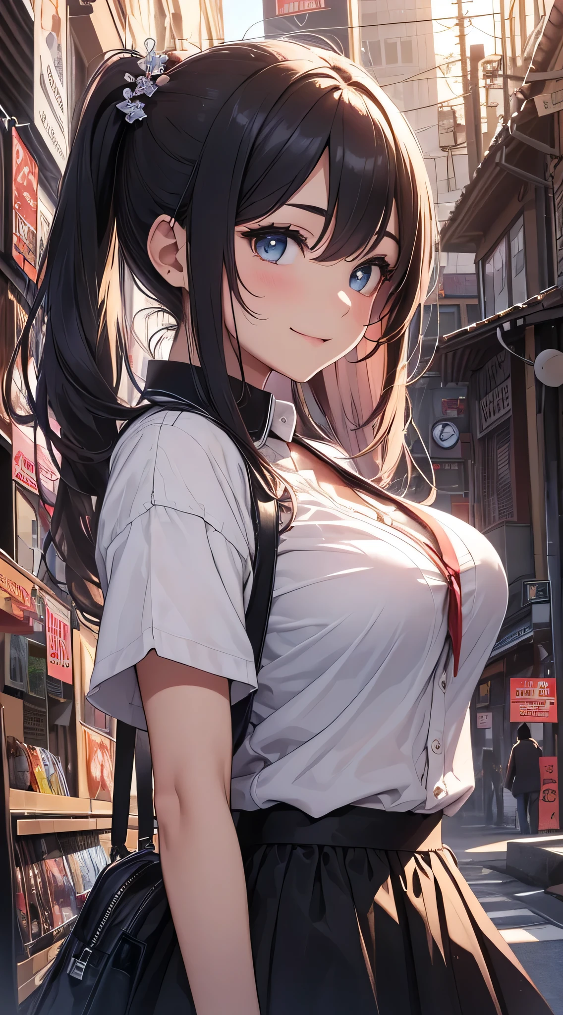 top-quality、Top image quality、​masterpiece、teens girl((18year old、 Ager、Best Bust、Medium bust,wide open breast tea、light blue eyerest, bionde、poneyTail、A slender,black see-through rack shirt、Black skirt、Best Pose、The best smile、Laugh)),hiquality、Beautiful Art、Background with((jpn、Night World、shrines、strong wind blowing))masutepiece、depth of fields、movie、visualart、Perfect Art