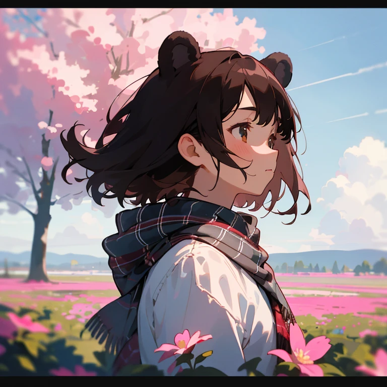 (masterpiece, best quality),1girl, bear ears, solo, flower, outdoors, letterboxed, tartan scarf, day, sky, looking up, , cloud, black hair, sunlight, upper body, from side, pink flower, blurry, brown hair, blue sky, depth of field