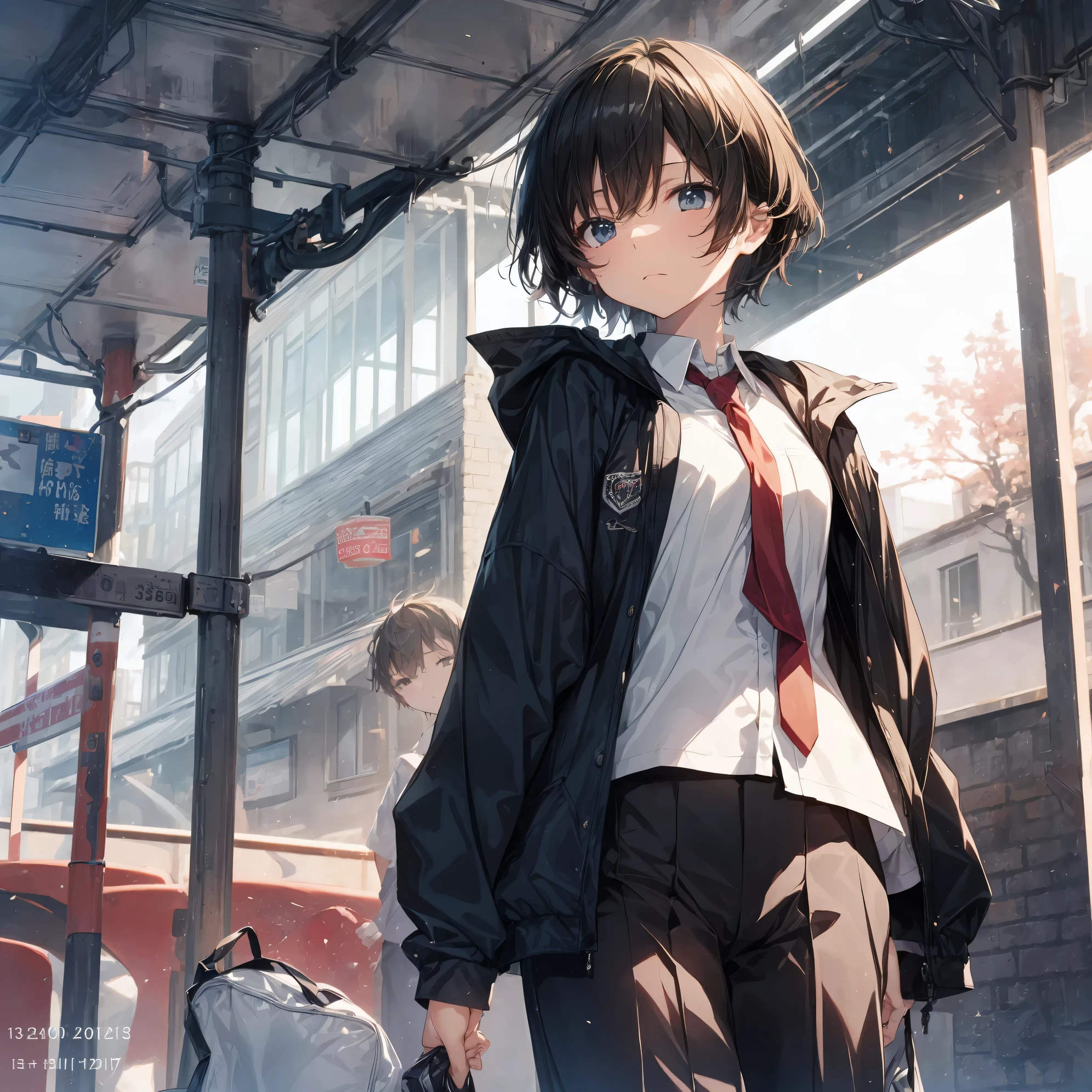 Super high quality by the art god, Ultra-detailed, High resolution, Shinkai Makoto style, anime moe art style, best anime 8K konachan wallpaper, Pixiv Contest Winner, Perfect Anatomy, BREAK,(Please draw a sleepy girl going to school alone.. ),BREAK, a hyperrealistic schoolgirl, (Solo,Lori,child,13years:1.3),Full limbs, complete fingers,a junior high school student, Androgynous attraction, (extra very short hair), hair messy, flat and soft chest, Small butt, groin, Small eyes,Beautiful detailed black eyes, Well-proportioned iris and pupils, disgusted eye, High resolution detailed hair, School uniform, Skirt, On the way to school. BREAK,Ultra-detailed細なスキン, Best lighting by famous artists, 8K, Illustration,