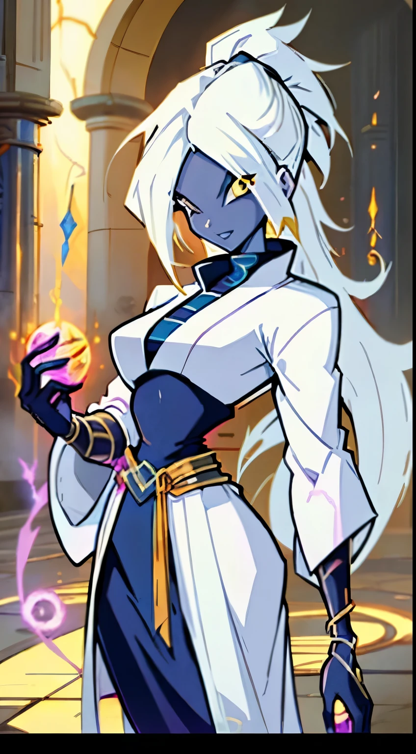 A beautiful megatrix woman with long white hair and yellow eyes who wears a white kimono with gold details and has several runes running across her body in dragon ball z style