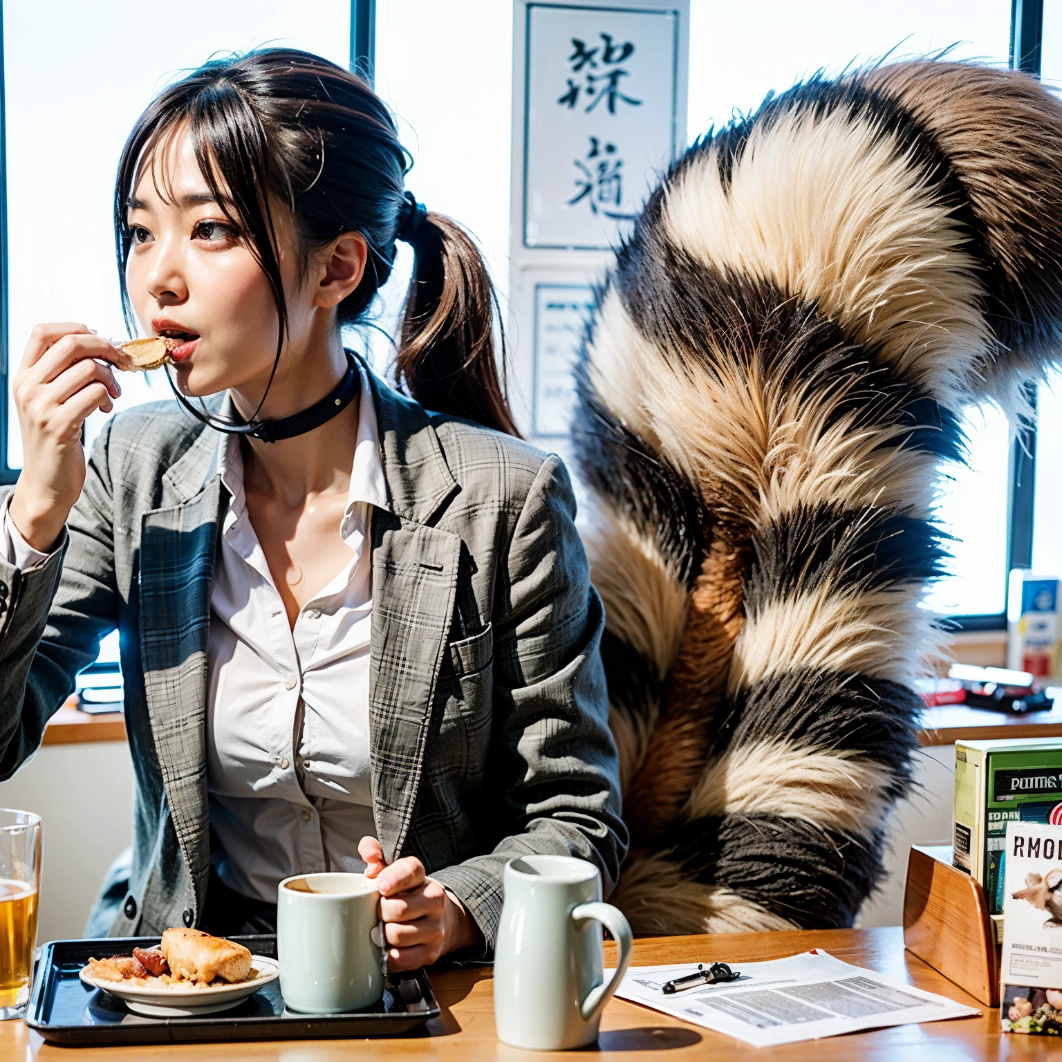 A woman wearing a pleated miniskirt with a raccoon tail, anthropomorphic racoon, けもの, Realistic, a picture, top-quality, Angry face, Her pleated miniskirt is flipped up and her tail is visible.:1.5 ,Realistic tail, small tits, slender, White panties, tail, Bushy tail, Realistic tail