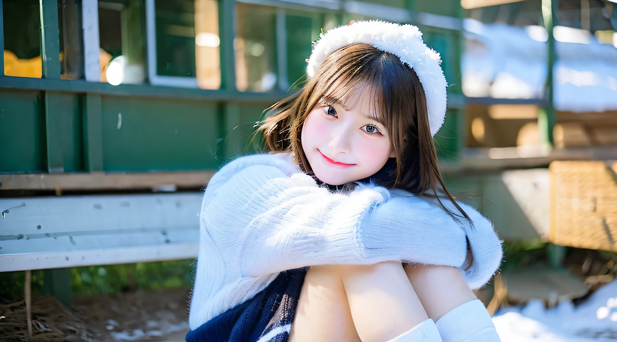 8k,Japanese,8-year-old,innocent face,teenage girl,cute,Winter clothes,everyday wear,sitting,black hair,flower garden,hair clip,