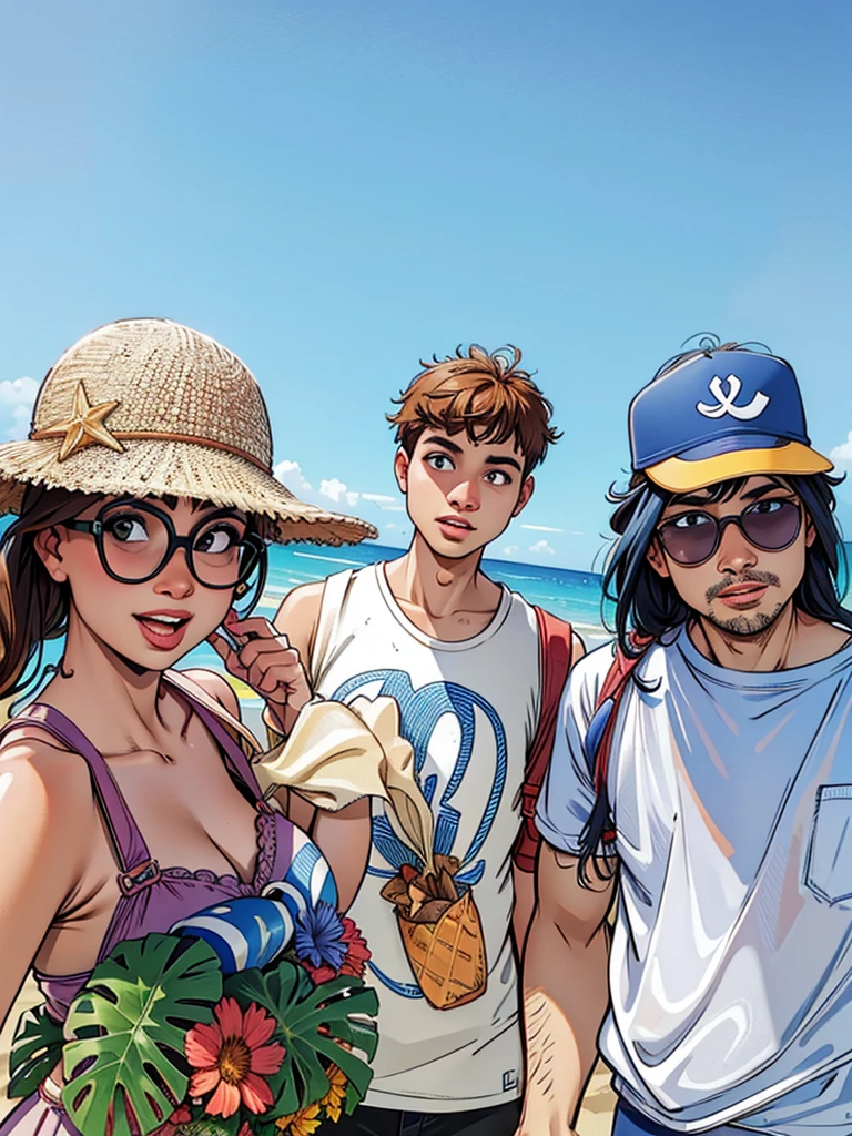 there are three people Standing on the beach with one holding a cell phone, vacation photo, na praia, na praia, no mar, standing near the beach, Standing on the beach, no ocean water, em uma praia, em uma praia ensolarada, foto de praia, no oceano, na praia, na praia, em uma praia