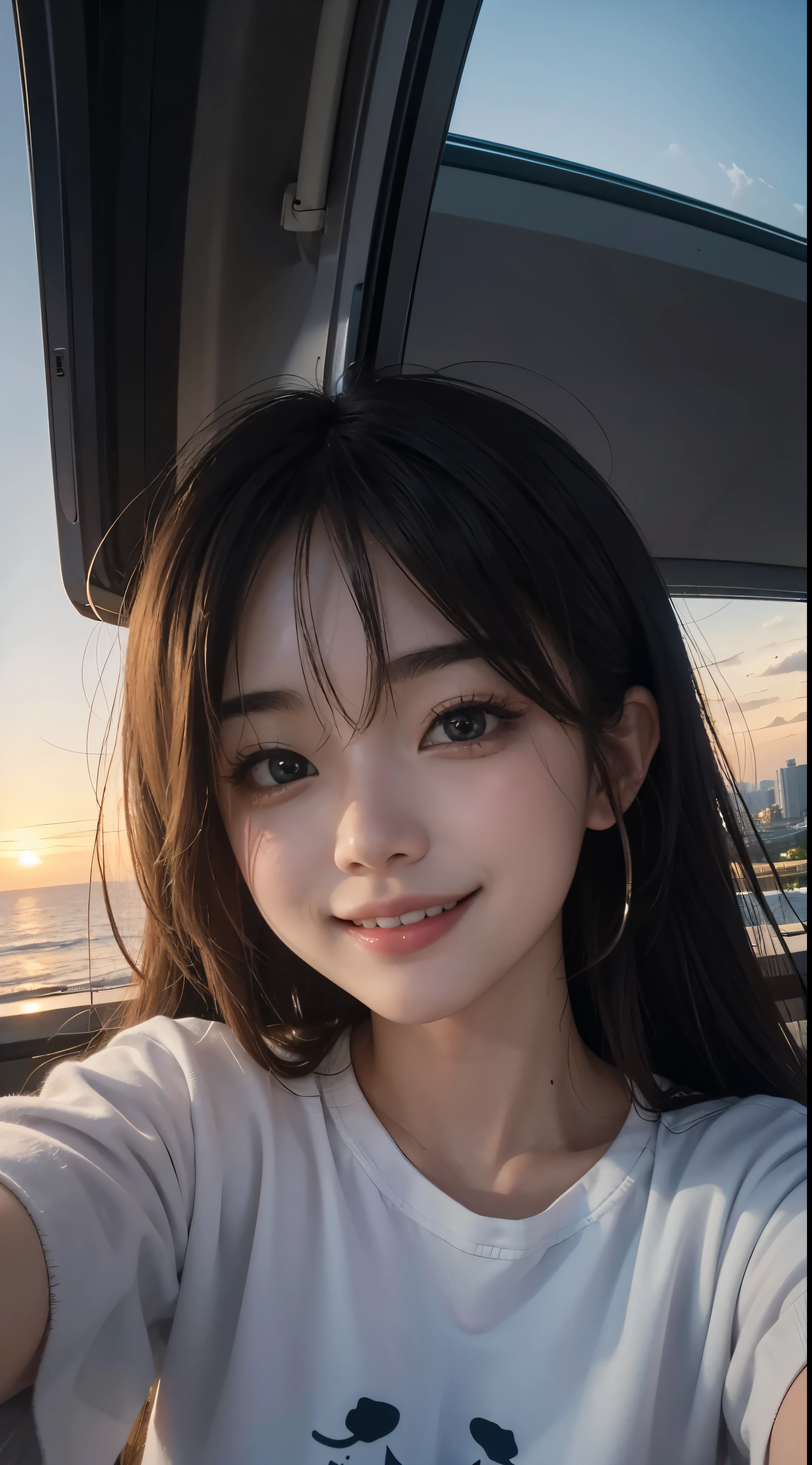 Girl looking into the distance, place like Salar de Uyuni, beautiful sky, water surface reflecting the girl, mirrored surface, white dress, black hair, long hair, big eyes, well-defined face, happy full smile, smile so big it opens her mouth, both hands grasping hem of dress, highest quality, high definition masterpiece, highest quality, super detailed, super detailed, 4K, 8K, (beautiful detailed eyes, super detailed skin)), distant camera angle