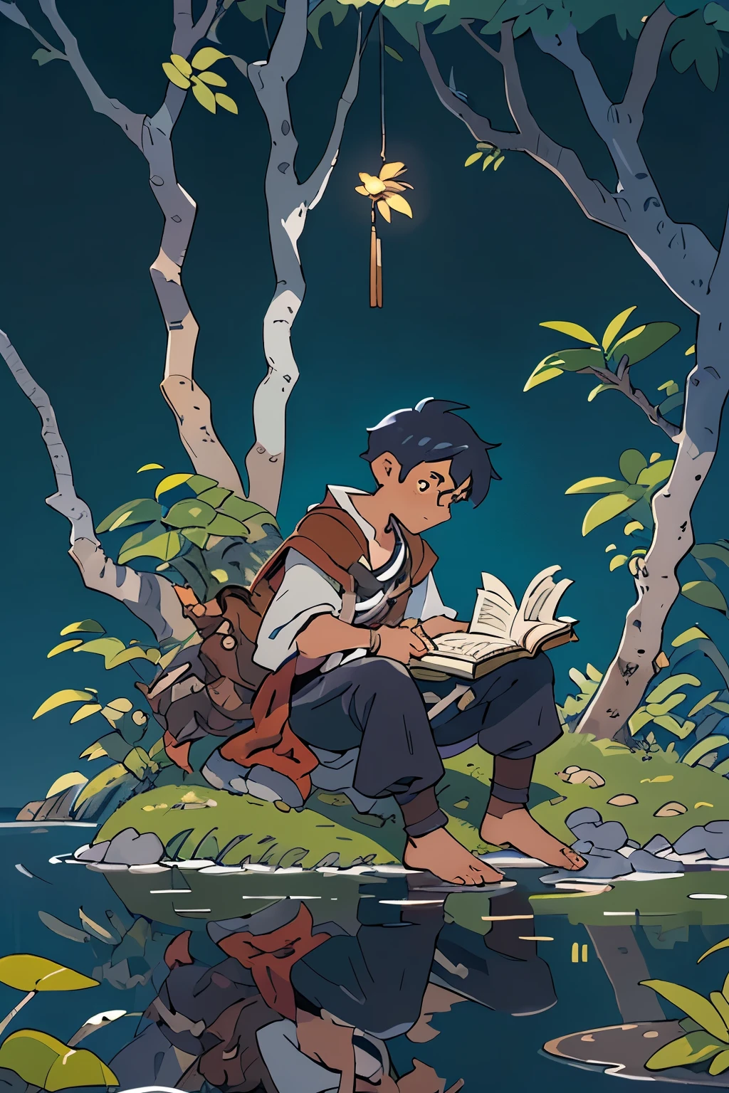 No centro da capa, a lone adventurer is sitting on a rock, On the edge of a serene stream. He is immersed in writing a diary, com penas e pergaminhos promocionais ao seu lado. uma figura, vestida com trajes medievais, reflects the determination and loneliness of his journey, O aventureiro&#39;The diary is open, displaying vivid illustrations and detailed notes of epic encounters. Ao redor dele, folhas de papel e penas flutuam suavemente, as if the magic of the world responded to the written words. fantastic creatures lurk in the shadows, watching the hero on his journey.
