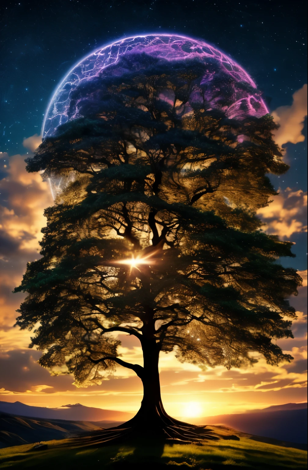 dawn of the world, Dawn hours, light of creation, light overflowing from the tree, Dazzling light, bright shining light, creator&#39;Dreams, Yggdrasil,