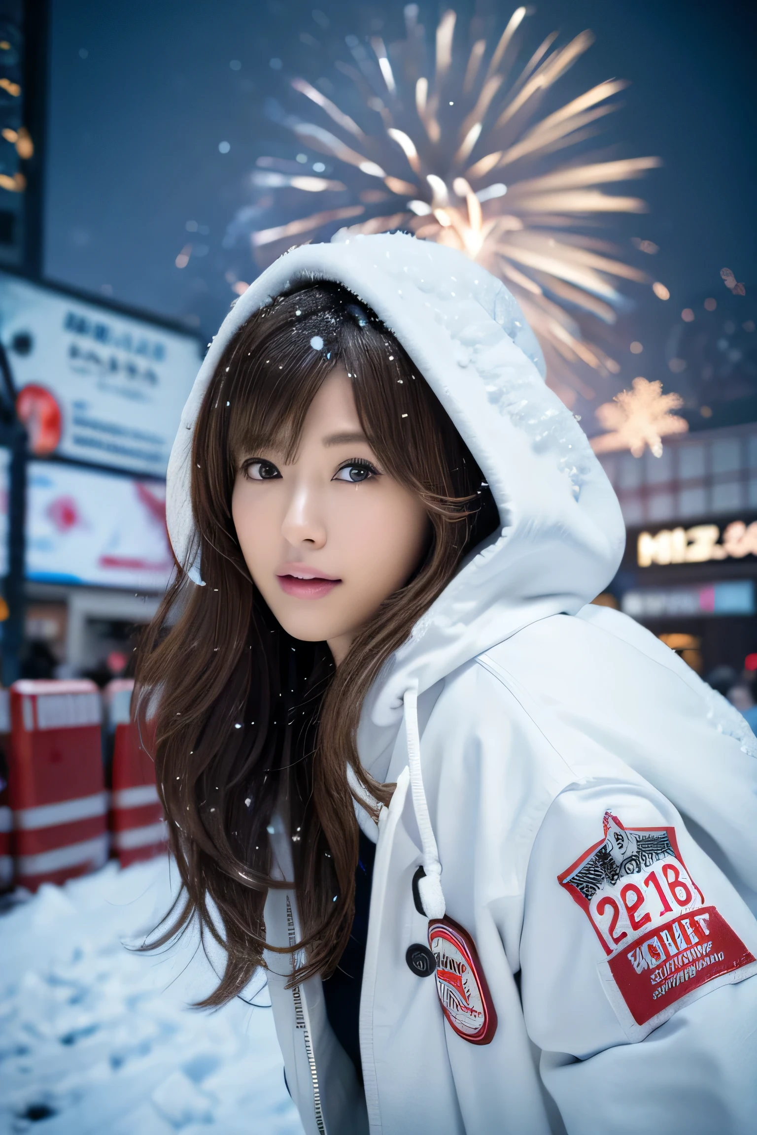 (masutepiece:1.2), ultra-detailliert, 超A high resolution, (Realistic, photo Realistic:1.37), high-definition RAW color photography, professional photograpy, extra detailed face, extremely detailed eye, highlydetailed skin, extremely detailed fingers, highly detailed nose, highly detail mouth, Perfect Anatomy, Highly detailed background, (Japanese actressl:1.2), (gals:1.3), (flat chest), Brown race, Dark skin, Very short cut hair, shadowy, hair messy, Full body, padded jacket, White hoodie, snow in my hair, (Snow in the sky:1.4), Hoodie on the head, Cinematic lighting, New York's Times Square on New Year's Eve, (Full body:1.3), Night time, (sparklers:1.5), countdown,
