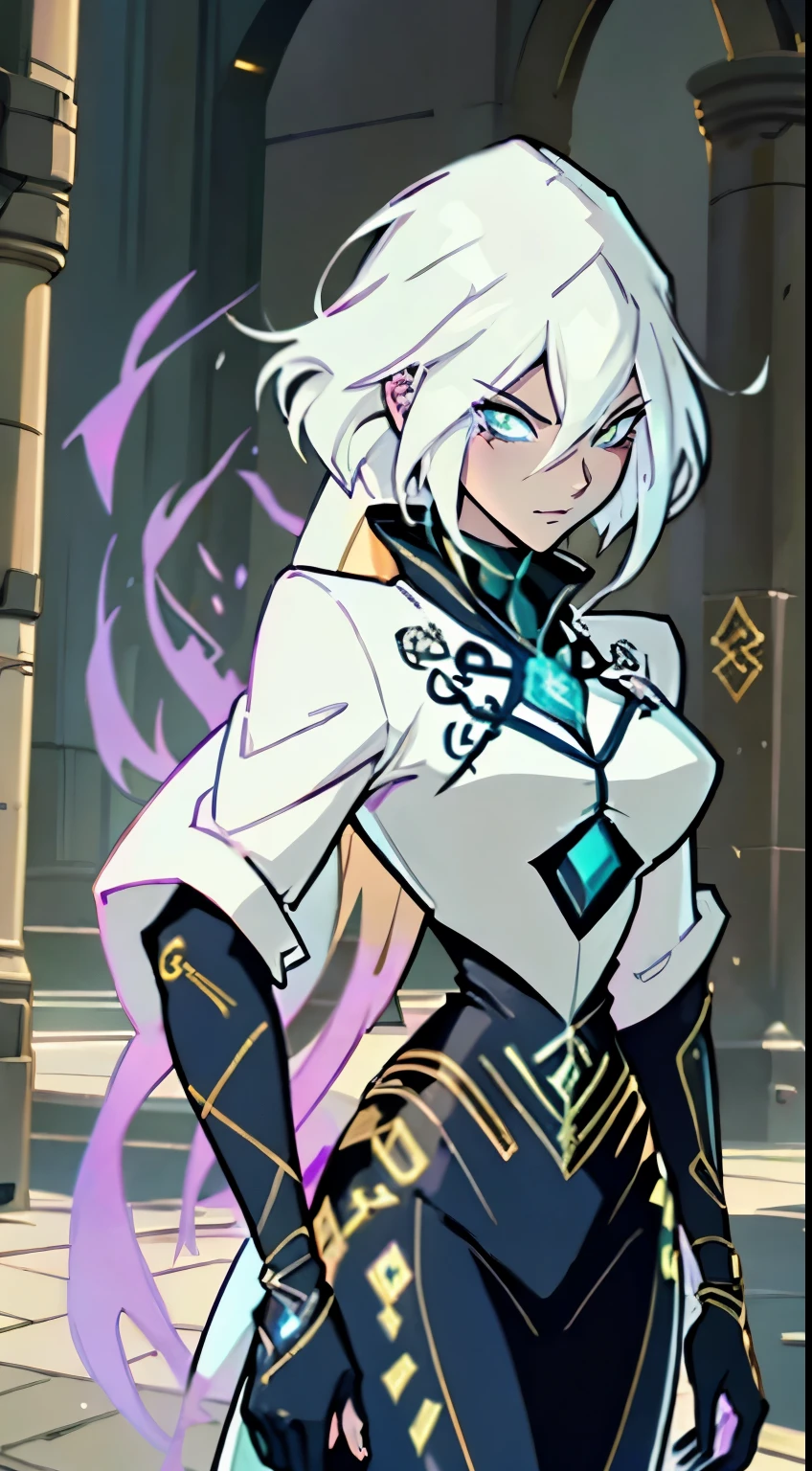 A beautiful and sexy megatrix woman with long white hair and yellow eyes who wears a white kimono with gold details and has several runes running across her body in the one punch man style