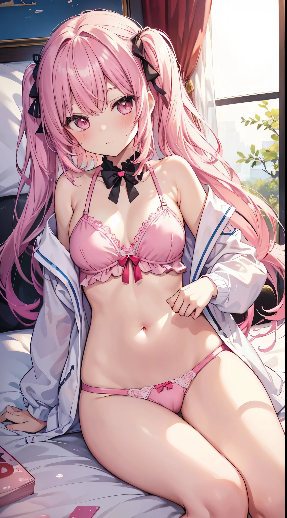top-quality、masutepiece、1girl in、in one's underwear only、Pink lingerie、to close range、red blush、Kamimei、Staring at this、Cute anime illustration、