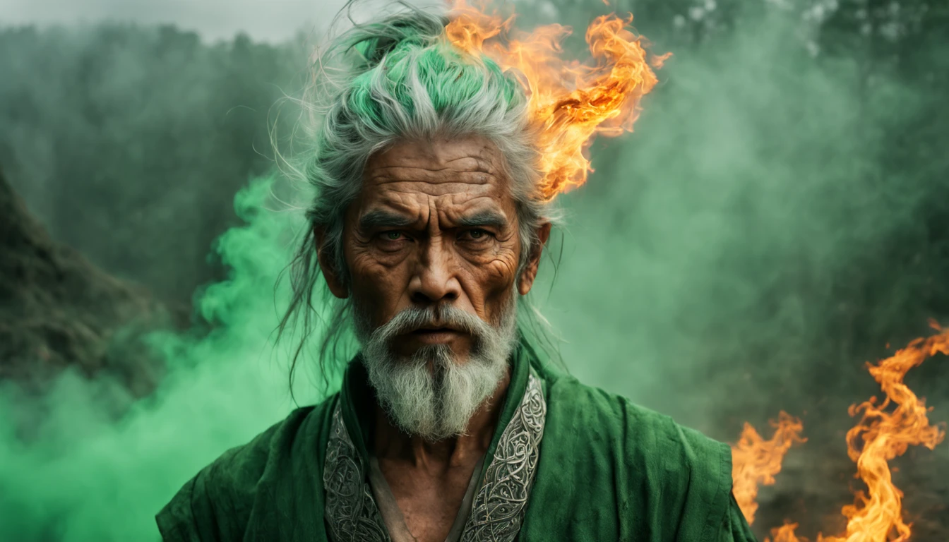 Shot of Sony FX30 35mm. "Zoom on body in motion portrait. Casting elctric green & fire magic in fog smoking forest. A weathered Malay men with silver outfit with green & red fire on his hands. with ancient shining lighting necklace. Long gray beard, silver laces with silver rings sweeping in wind motion, broad shoulders. Aged face, rough skin , broad brows over his eyes reflecting fire. Background with Big Dragon Fury. Some elements blurred in motion. Scene from fantasy movie. Special effects scene --ar 17:8 --style raw --stylize 300 " --v 6