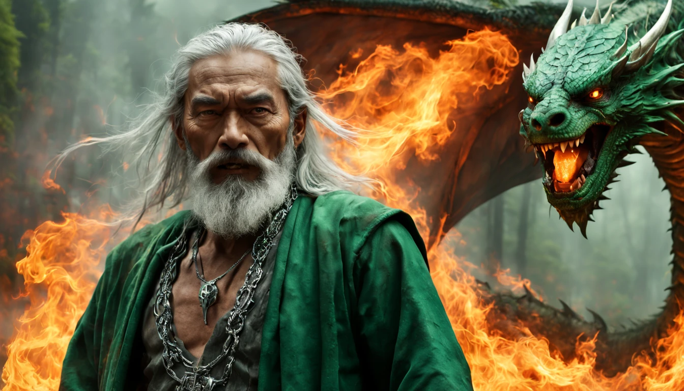 Shot of Sony FX30 35mm. "Zoom on body in motion portrait. Casting elctric green & fire magic in fog smoking forest. A weathered Malay men with silver outfit with green & red fire on his hands. with ancient shining lighting necklace. Long gray beard, silver laces with silver rings sweeping in wind motion, broad shoulders. Aged face, rough skin , broad brows over his eyes reflecting fire. Background with Big Dragon Fury. Some elements blurred in motion. Scene from fantasy movie. Special effects scene --ar 17:8 --style raw --stylize 300 " --v 6