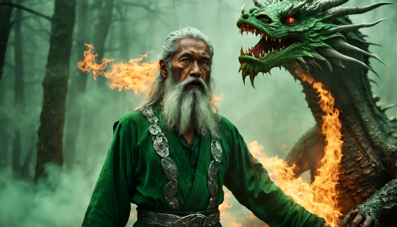 Shot of Sony FX30 35mm. "Zoom on body in motion portrait. Casting elctric green & fire magic in fog smoking forest. A weathered Malay men with silver outfit with green & red fire on his hands. with ancient shining lighting necklace. Long gray beard, silver laces with silver rings sweeping in wind motion, broad shoulders. Aged face, rough skin , broad brows over his eyes reflecting fire. Background with Big Dragon Fury. Some elements blurred in motion. Scene from fantasy movie. Special effects scene --ar 17:8 --style raw --stylize 300 " --v 6