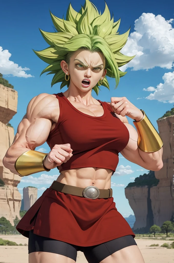 masterpiece, best quality, berserkKale, green hair, muscular female, no pupils, red tank top, red skirt, bracer, midriff, shorts under skirt, looking at viewer, open mouth, furrowed brow, angry, rock formations, standing