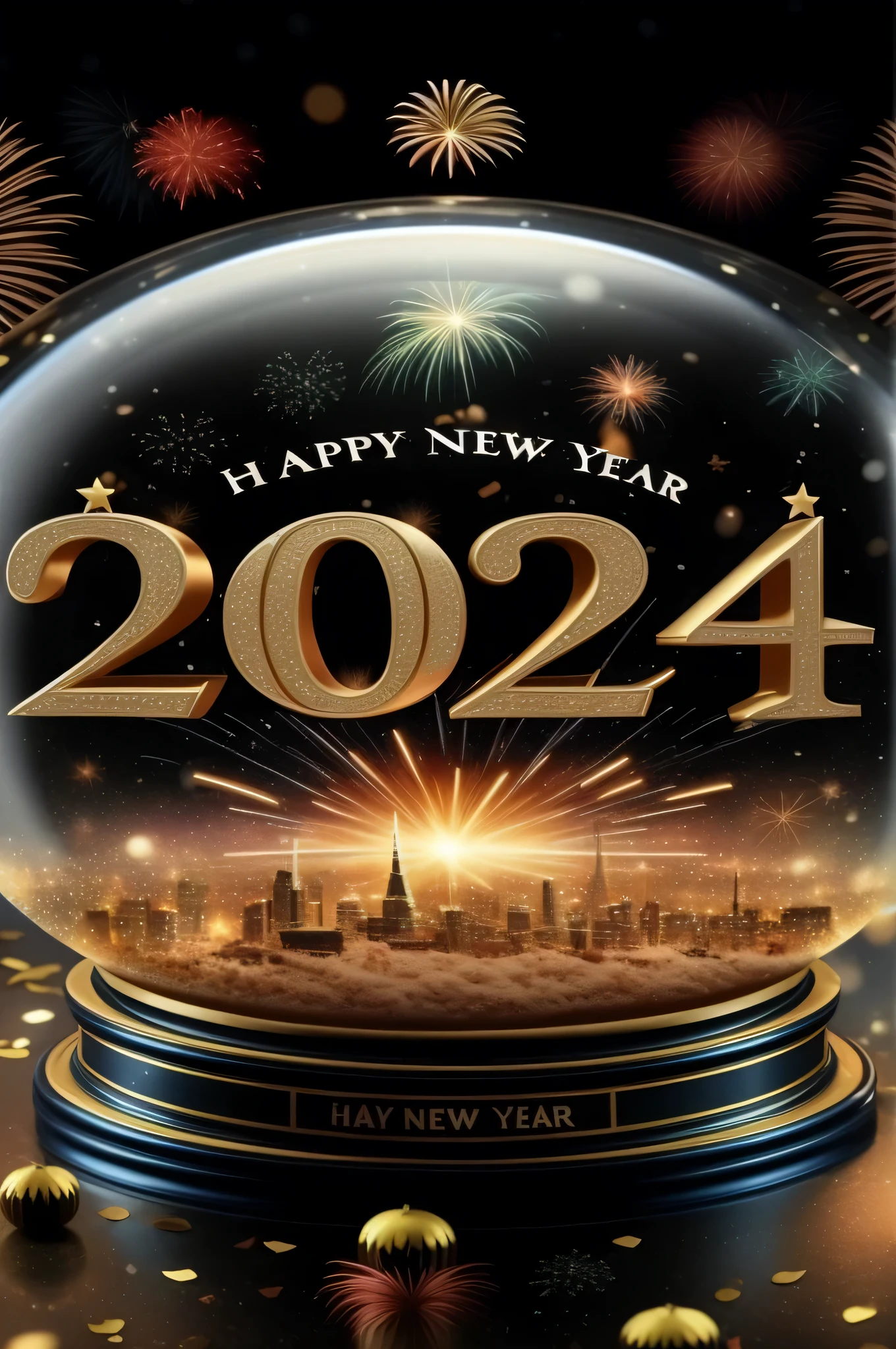 A snow globe with fireworks celebration and Happy New Year 2024 written in it, wallpaper photo, promo, movie poster,