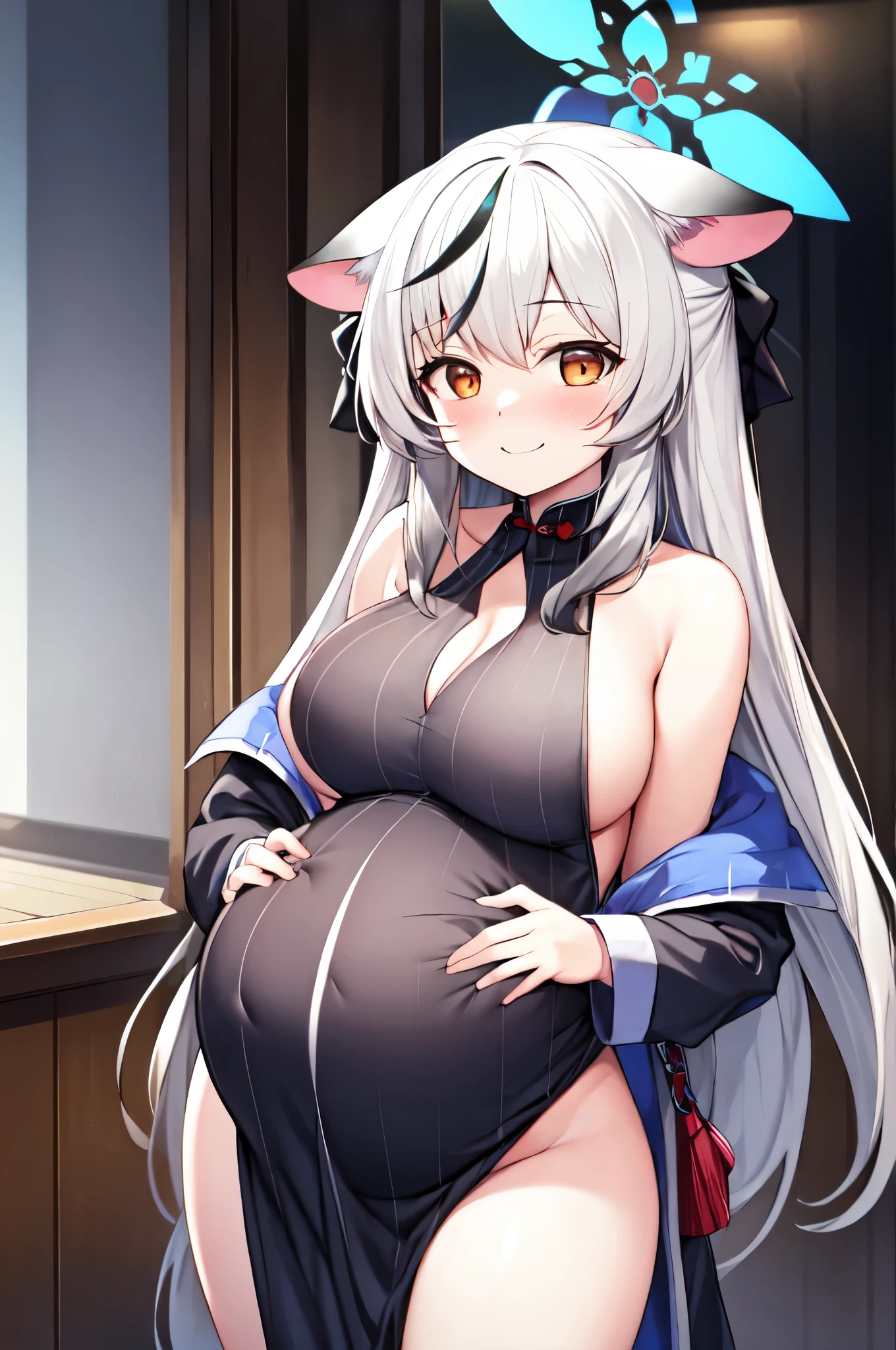 (masterpiece,top-quality,hight resolution:1.2,chromatic abberation:0.9),solo,kokonadef,a smile,very huge breast,plunging neckline,pregnant