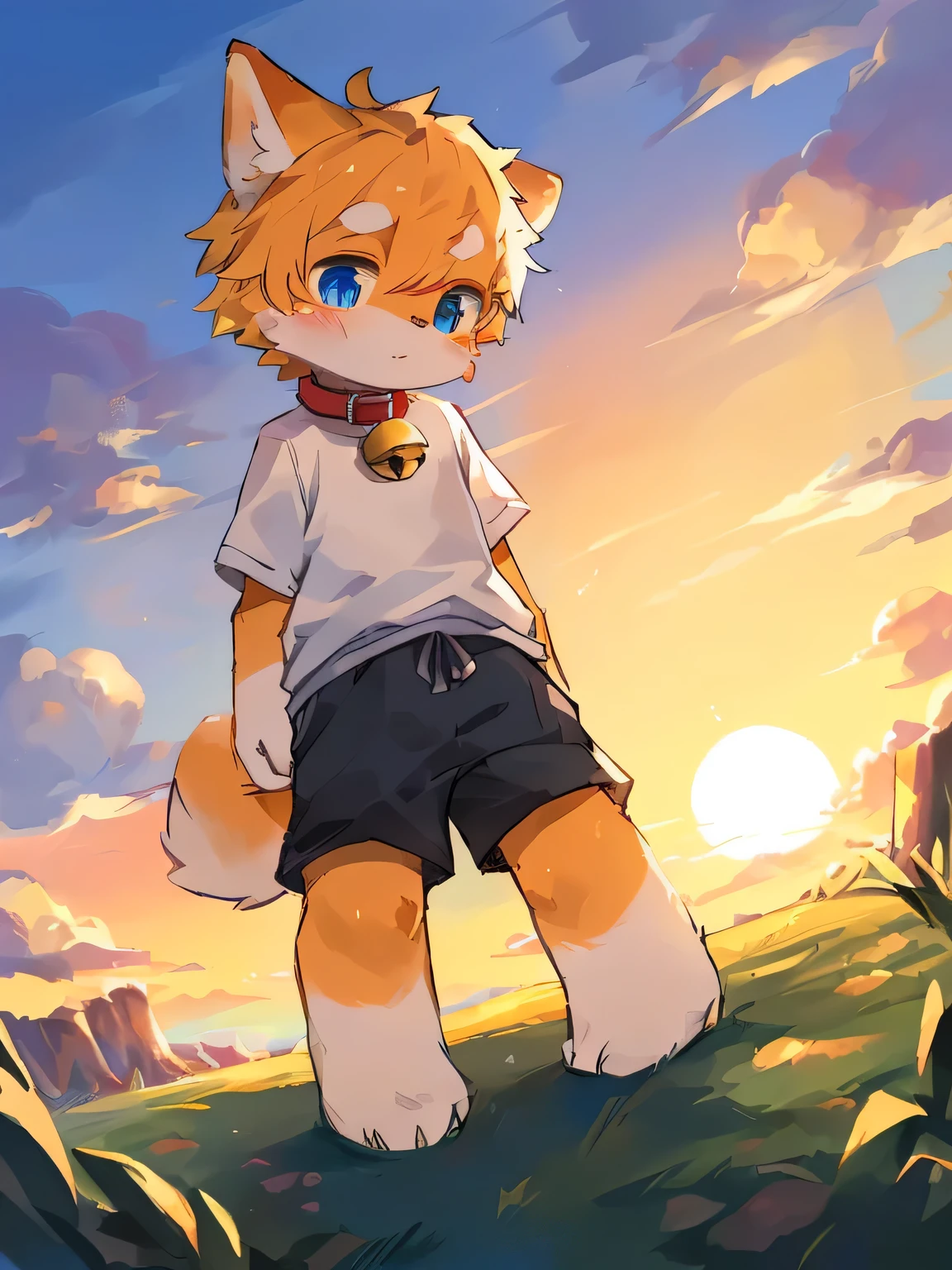 tmasterpiece, high high quality, Absurd resolution, digitial painting \ (Artwork by ia Dagasi, Sam, Kiyosan, (Fluffy fur, Orange fur, Full Body Furry,), The BoSam, eBlue eyes, A yellow-haired one, shorter pants, The barefoot, The eyes are bright, in a panoramic view, Character focus. detailedbackground, clouds background, eventide, the sunset (bell, Pet collars, white short sleeve: 1.2)
