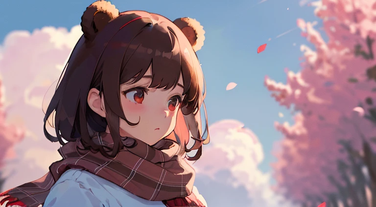 (masterpiece, best quality),1girl, bear ears, solo, flower, outdoors, red tartan scarf, day, sky, looking up, cloud, brown hair, sunlight, upper body, from side, pink flower, blurry, brown hair, blue sky, depth of field