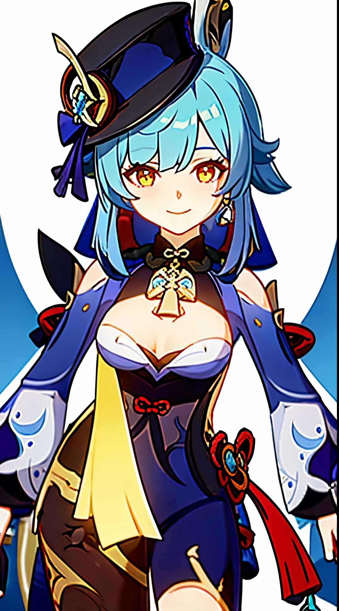 masterpiece, best quality, 1girl, solo, upper body, genshin impact, a humanoid robot in a black suit, a bowler hat, and a yellow scarf, smile, solo, wide sleeves, dynamic pose, genshin,