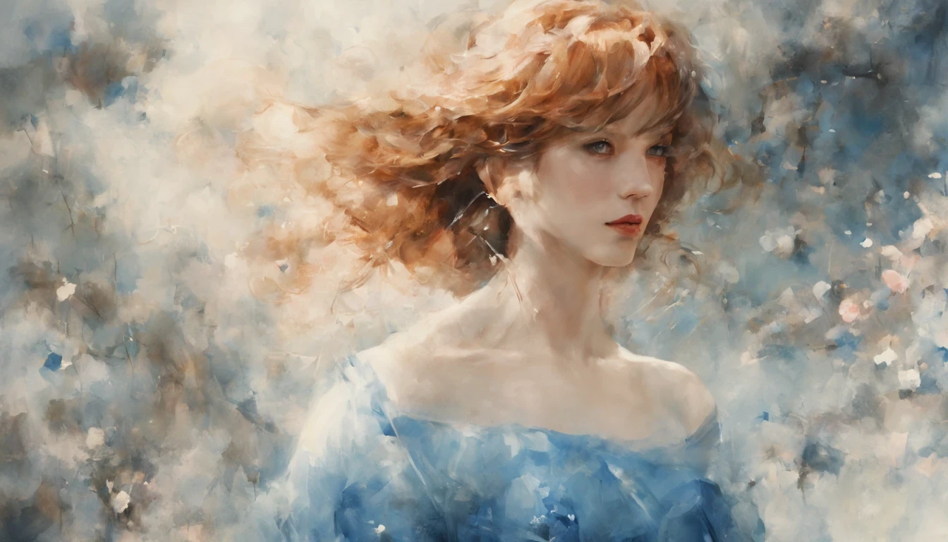 1 girl "Molly Ringwald com vestido azul longo", (Jogo King Card:1.5, simetria rotacional),Stephen Gammell,(cowboy shot), Minimalist compositions, requintada armadura de cristal,Fio Eletroluminescente, magic sparks, enchanted magical fantasy. Peach Blossom Land, heaven, Jogo CG, Hand Painted Style, 8k, Ultra HD | | |, arte digital conceitual, Azure azul e cinza,(Very detailed, Reasonable design, linhas claras, Alta nitidez, melhor qualidade, master part, 4k ).