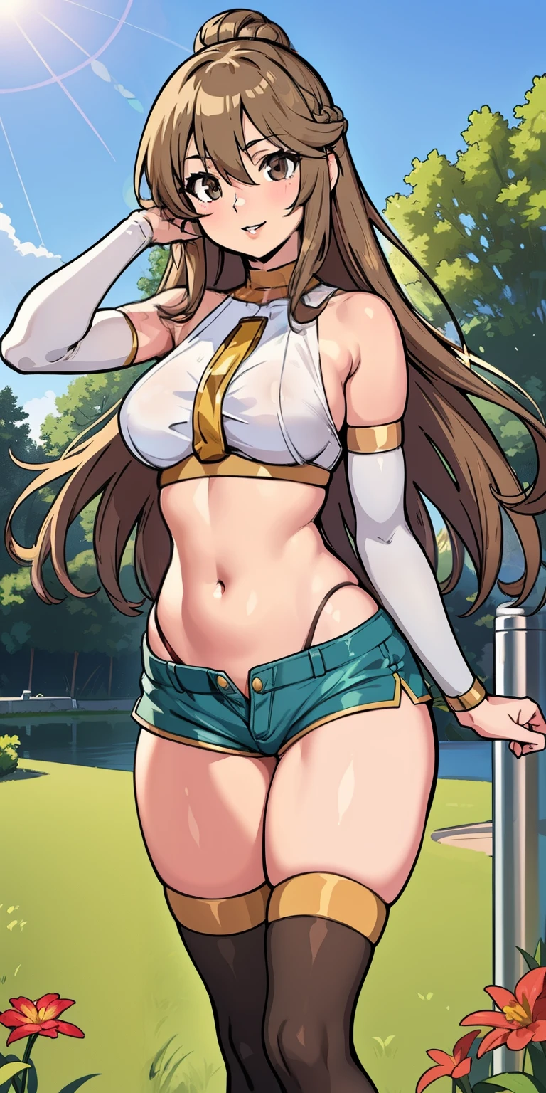 masterpiece, best quality, realistic, adult girl, smile, Aqua Konosuba, long brown hair, brown eyes, bright eyes, short shirt, perfect belly, ripped short shorts, tight tights, perfect legs, parted lips, blush, night, flowers, sun, sunlight.