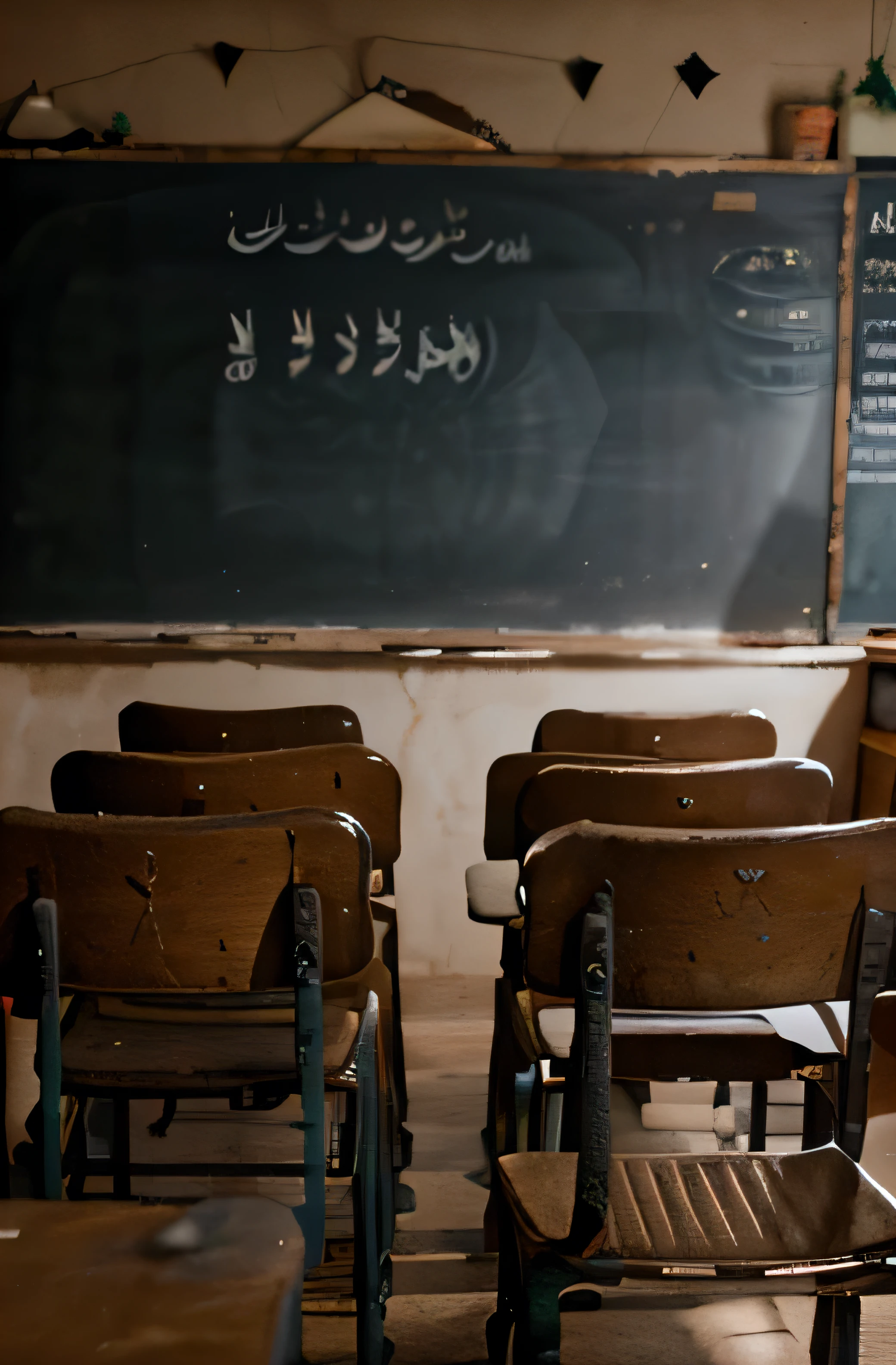 classroom in a village in Pakistan, com cadeiras sujas no fundo do quadro ????? em close (escrito em urbano), sala vazia. high resolution image