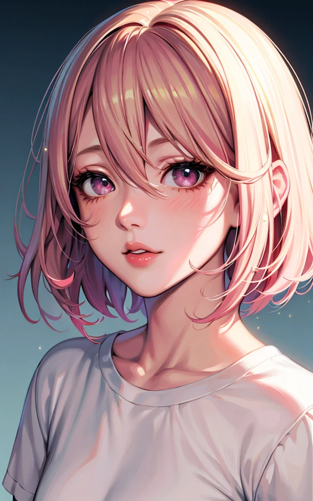 (portrait), (style of ayami Kojima), nudist, Haruno Sakura, blonde hair, pink eyes, bobcut, perfect face, realistic, lifelike, lip gloss, messy hair, blushing, sparkling eyes, dynamic motion, motion lines, milk on face, white t-shirt, mascara