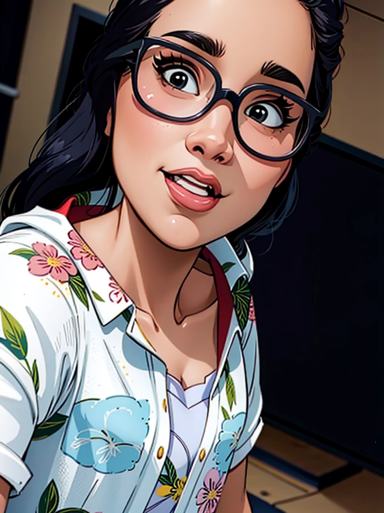 There is a woman with glasses and a floral shirt posing for a photo, Directed by: Nandor Soldier, Ayahausca, fernanda suarez, Parece Fabiula Nascimento, Mulher de 30 anos, 3 0 anos de idade mulher, Foto realista, Malika Favre, by Amelia Peláez, imagem de perfil, foto de baixa qualidade