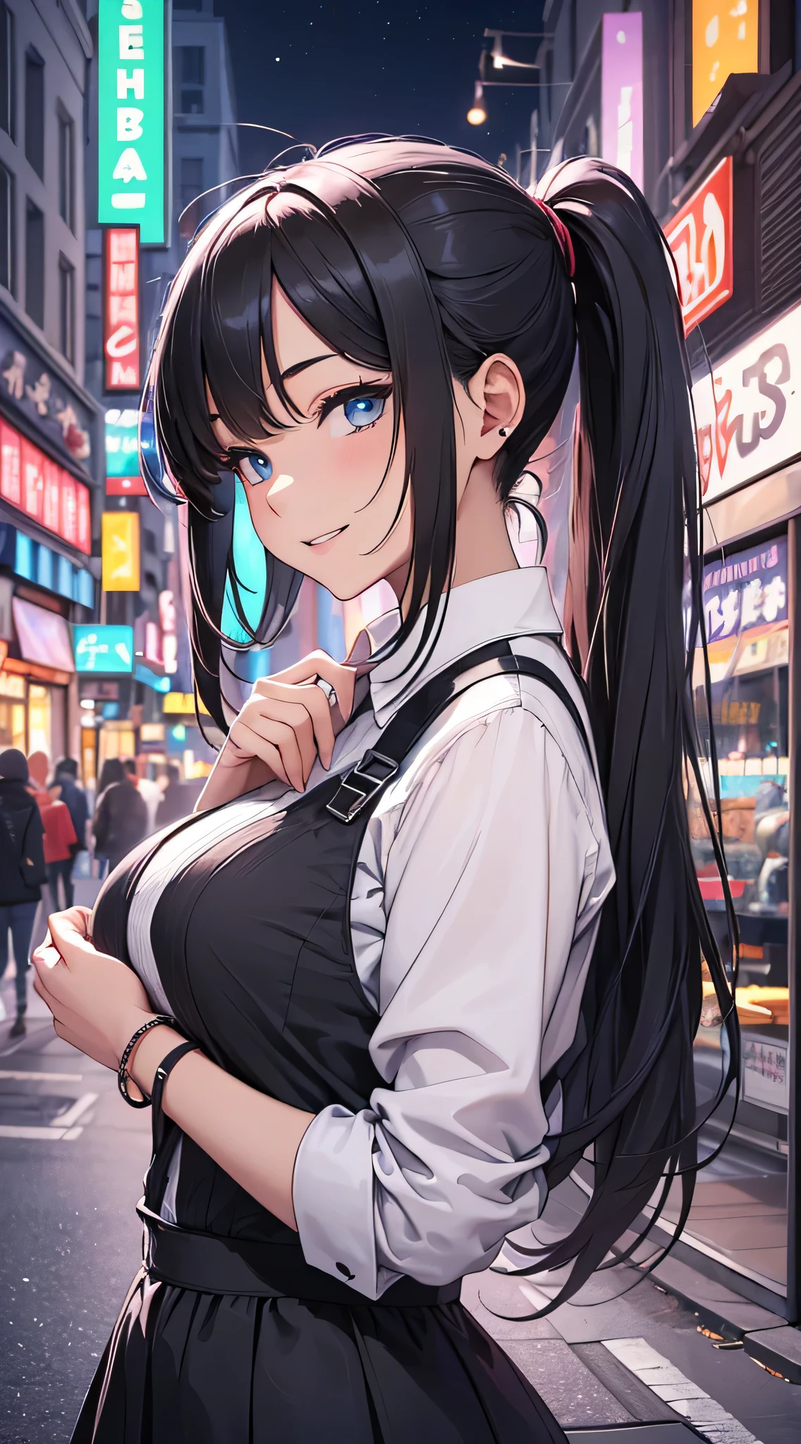 top-quality、Top image quality、masterpiece、s girl((18year old、 Ager、Best Bust、Medium bust,wide open breast tea、light blue eyerest, bionde、poneyTail、A slender,black see-through rack shirt、Black skirt、Best Pose、The best smile、Laugh、Show off your valley)),hiquality、Beautiful Art、Background with((jpn、Night World、Neon Street)),masutepiece、depth of fields、movie、visualart、Perfect Art