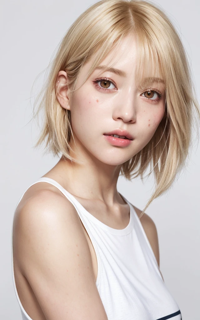 (portrait), (Ayami Kojima style), Nudist, Harunosakura, Blonde Hair, pink eyes, Bob Cut, perfect face, Realistic, lifelike, lipgloss, messy hair, red face, sparkling eyes, Dynamic movement, motion lines, milk on face, White T-shirt, mascara