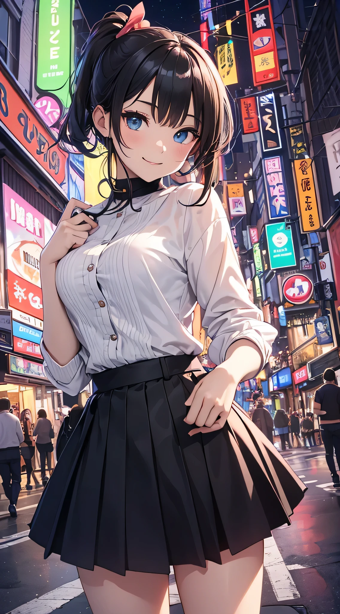 top-quality、Top image quality、masterpiece、teens girl((18year old、 Ager、Best Bust、Medium bust,wide open breast tea、light blue eyerest, bionde、poneyTail、A slender,black see-through rack shirt、Black skirt、Best Pose、The best smile、Laugh、Show off your valley)),hiquality、Beautiful Art、Background with((jpn、Night World、Neon Street)),masutepiece、depth of fields、movie、visualart、Perfect Art