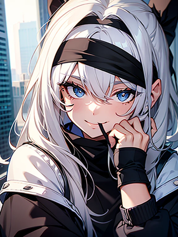 Black blindfold, white hair, black headband, smile, hand close to mouth, small mole on the lower left side of the mouth