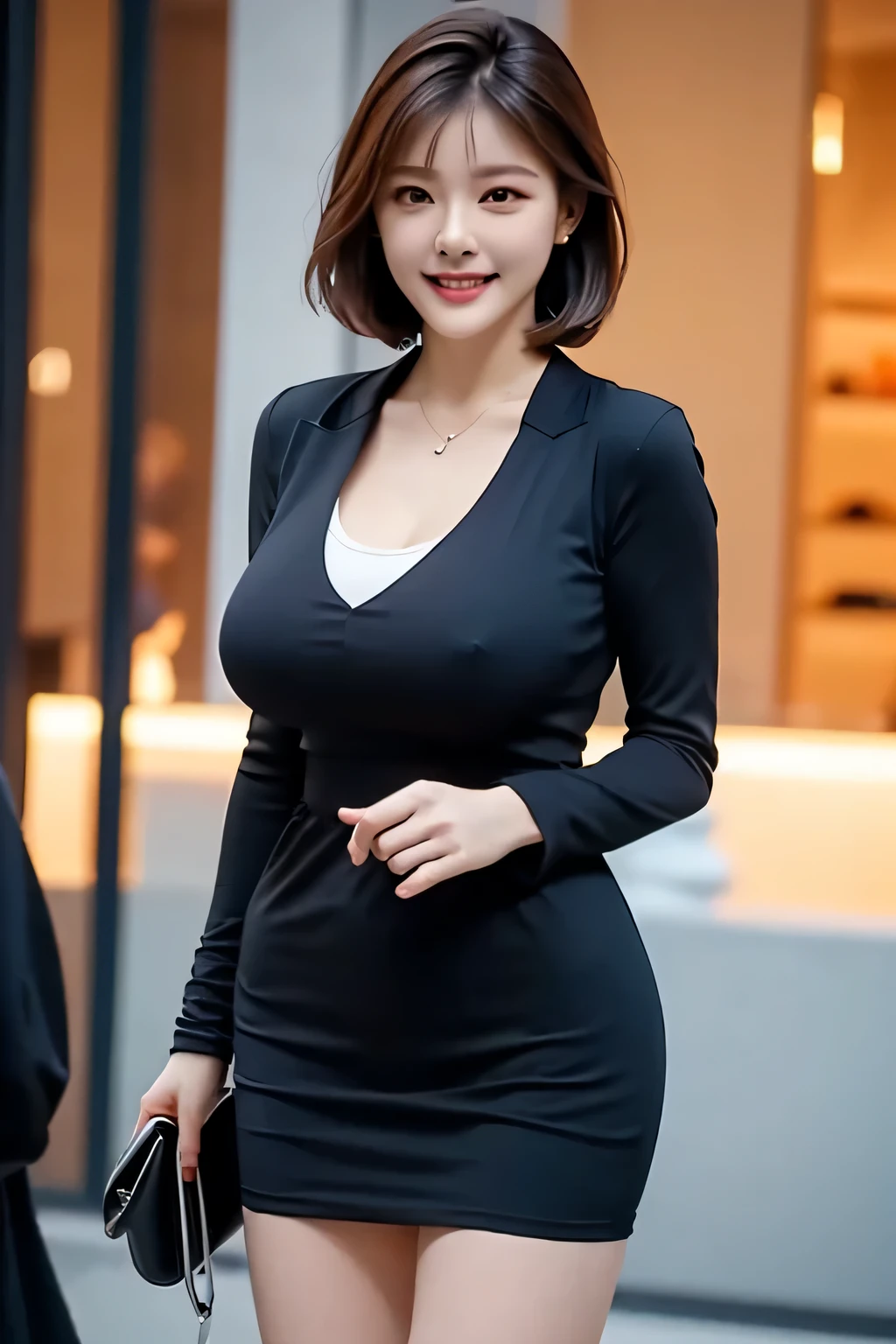 (1 Ultimate Beautiful Mature Woman), hyperdetailed face, Detailed lips, A detailed eye, (big eye), 二重まぶた, Brunette Bob Hair, (grin), (large full breasts), (thighs thighs thighs thighs), (portlate), (Business woman attire), Perfect fit, perfect bodies, face perfect, depth of fields, Perfect image realism, Background with:((Inside the office))、詳細なBackground with, detailed costume, Perfect litthing、Hyper-Realism、Photorealsitic、8K maximum resolution, (masterpiece), ighly detailed, Professional