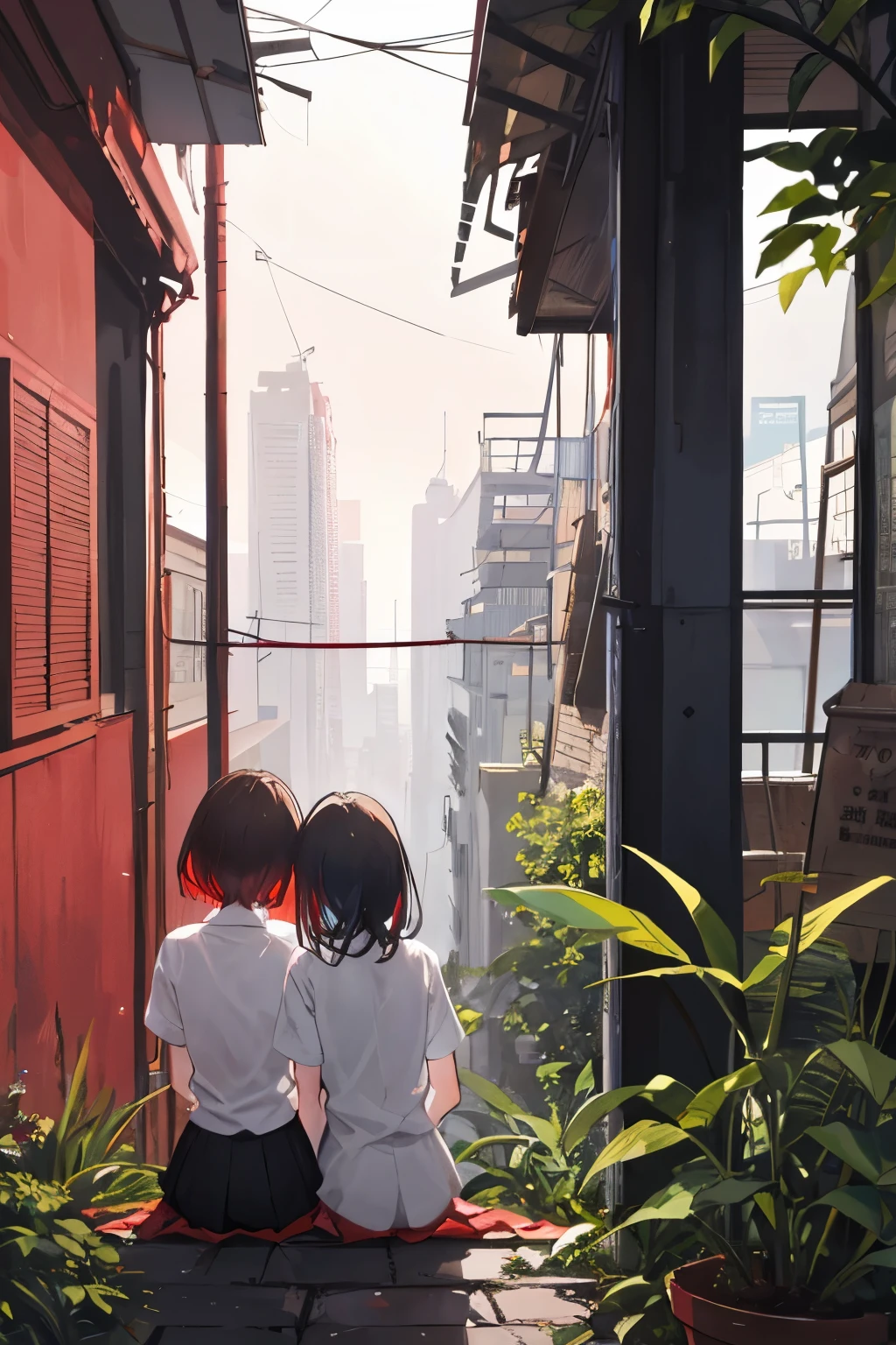 two adult sisters sit on a high-rise building overgrown with plants, you see them from behind and their heads are turned towards each other, sich Lachen miteinander. In the background you can see a destroyed city bathed in red light. One sister has shorter, dark hair, die andere hat mittellange Haare welche oben schwarz und unten rot sind, der Wind zerzaust beide.