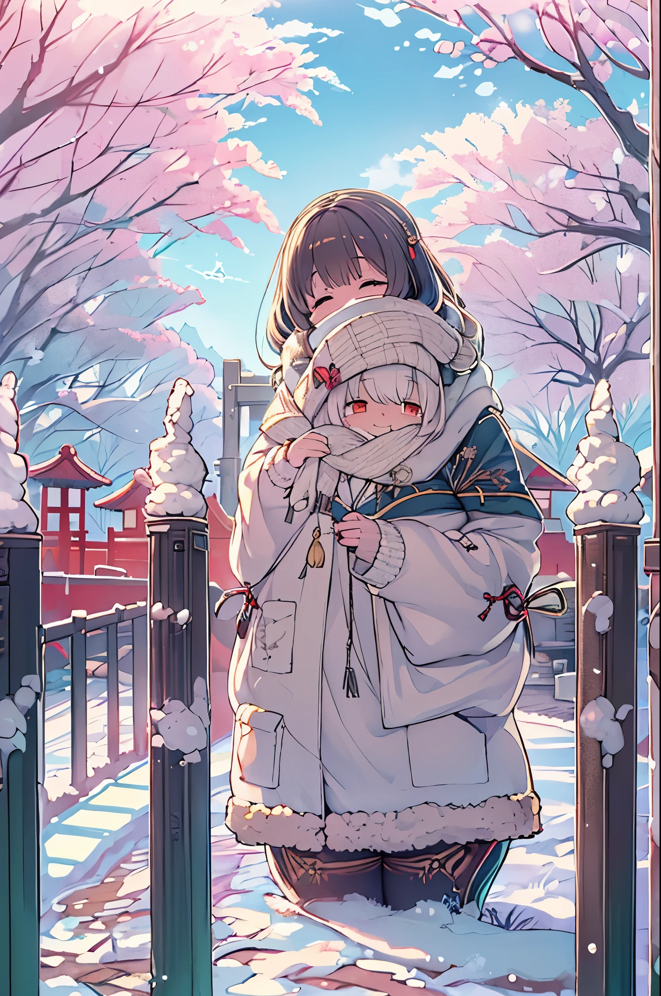 huge-breasted、kawaii、(Sunny Clothes)、torii gate,((Oblique angle))、{{close up to face}}、one eye closed、winking、A big smile、bbw、thick thight、big butts、Ultramammy,Chibi, Winter days, Anime Background Art, japanese art style, beautiful anime scene,detailed scenery - width 672, Background art, Anime landscapes, Anime Background, Beautiful anime scenery, Beautiful peace scenes in anime, landscape artwork, Japan Village, Anime landscapesコンセプトアート, 8K))、New Year’s Day、January