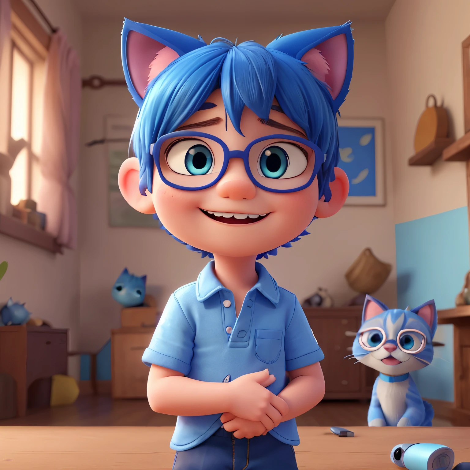 A handsome ((blue short hair)) little boy, ((with blue cat ears)), wearing round glasses with thick lenses, blue eyes, with a happy expression, hugging tightly, almost crushing a raccoon that doesn't wear glasses and looks at her with a scared expression. High quality, high resolution, 4K, in cartoon style.
